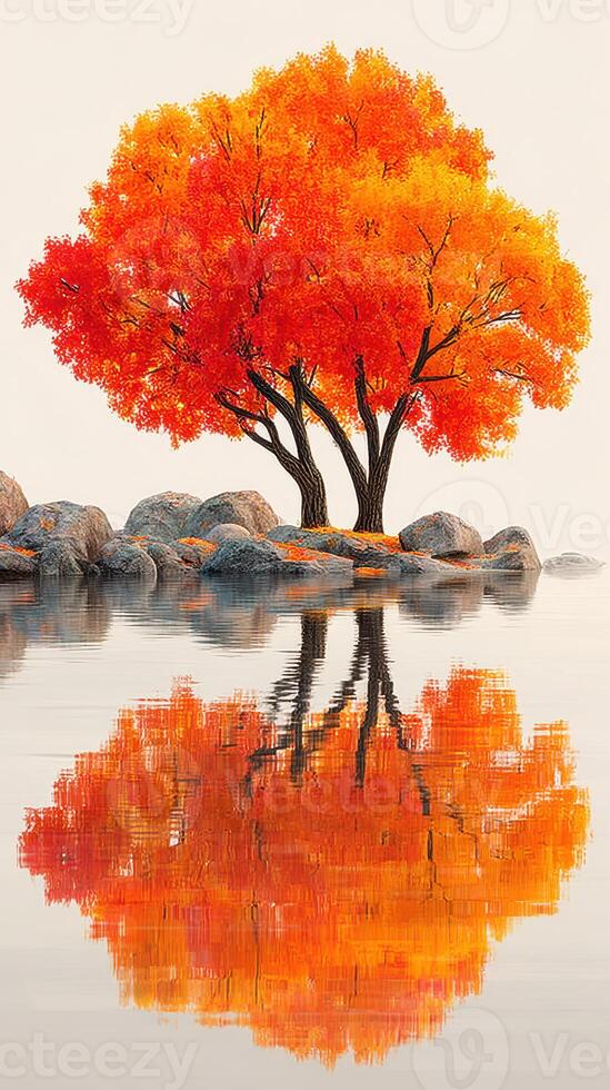 Vibrant orange tree reflecting on calm water during autumn in a serene natural landscape photo