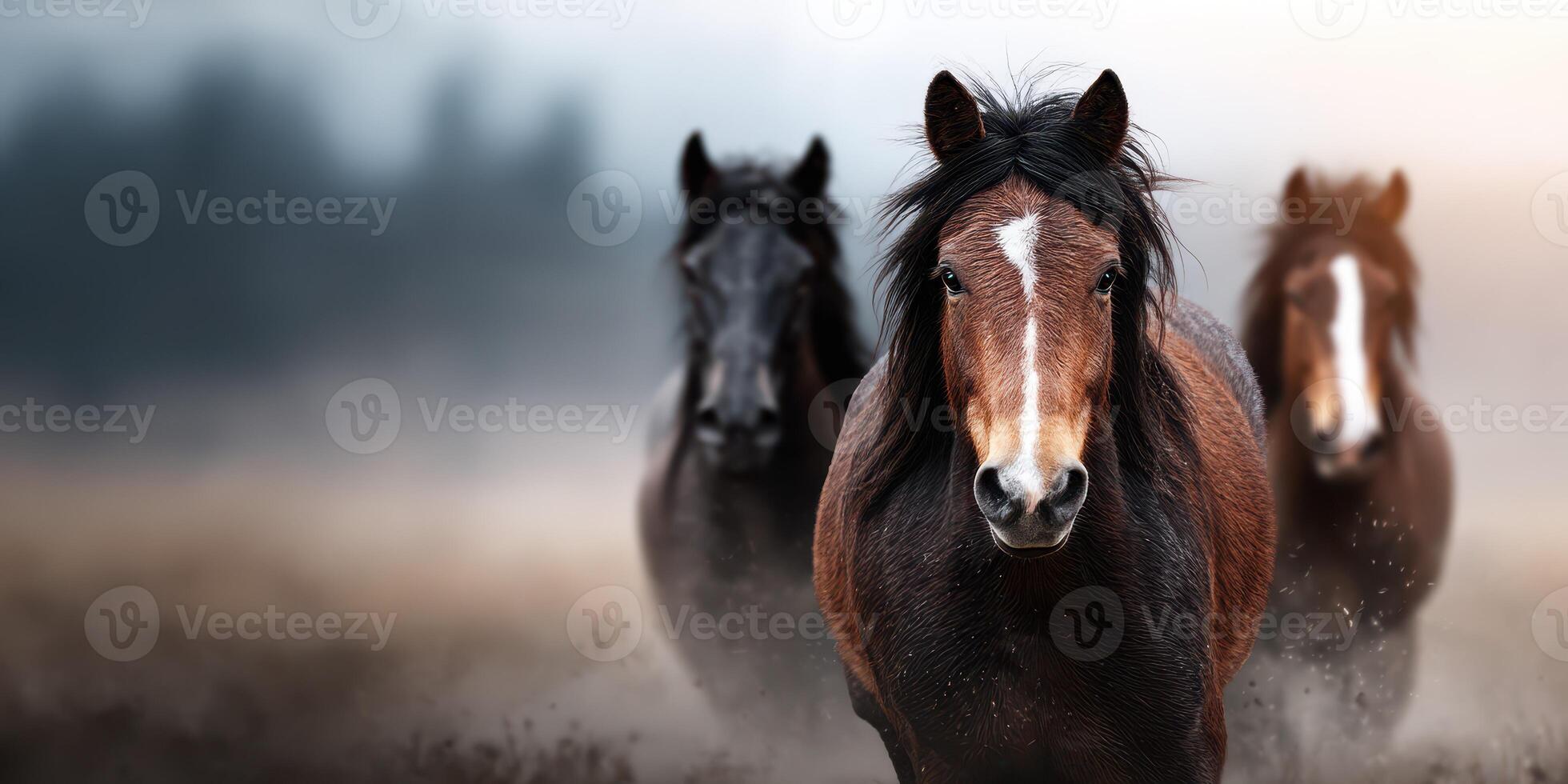 Herd of horses galloping through a misty landscape at dawn in a rural setting photo