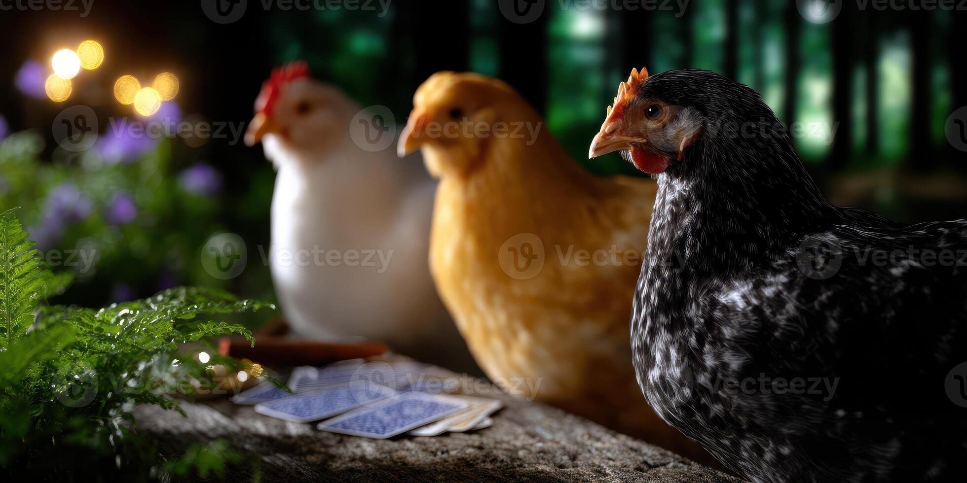 Three chickens gather around a wooden table with playing cards in a forest during twilight photo