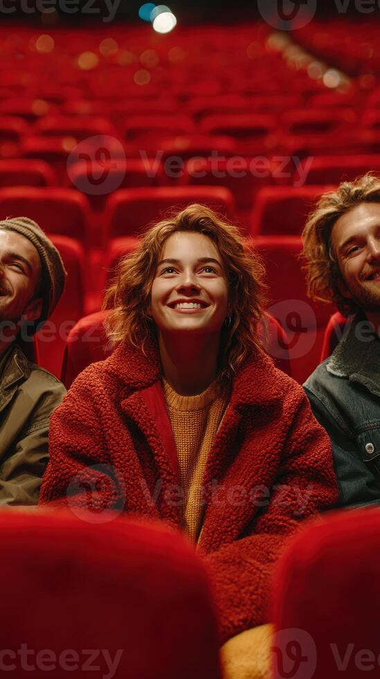 Friends enjoying a movie together in a cozy theater with vibrant red seating and an inviting atmosphere photo