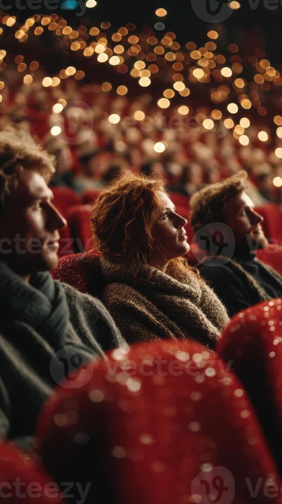 Audience enjoys a captivating performance in a theater adorned with warm lights during a night event photo