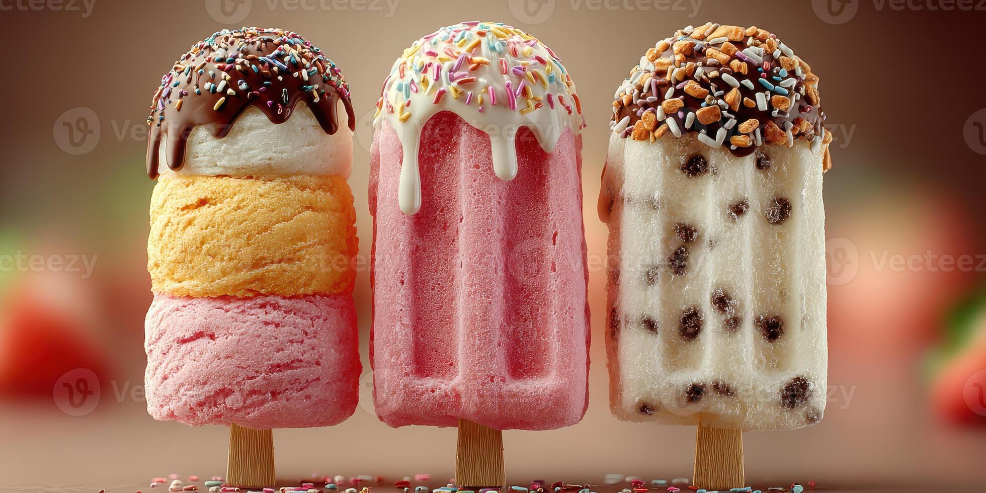 Colorful ice cream popsicles displayed on wooden sticks in a delightful arrangement showcasing different flavors and toppings photo