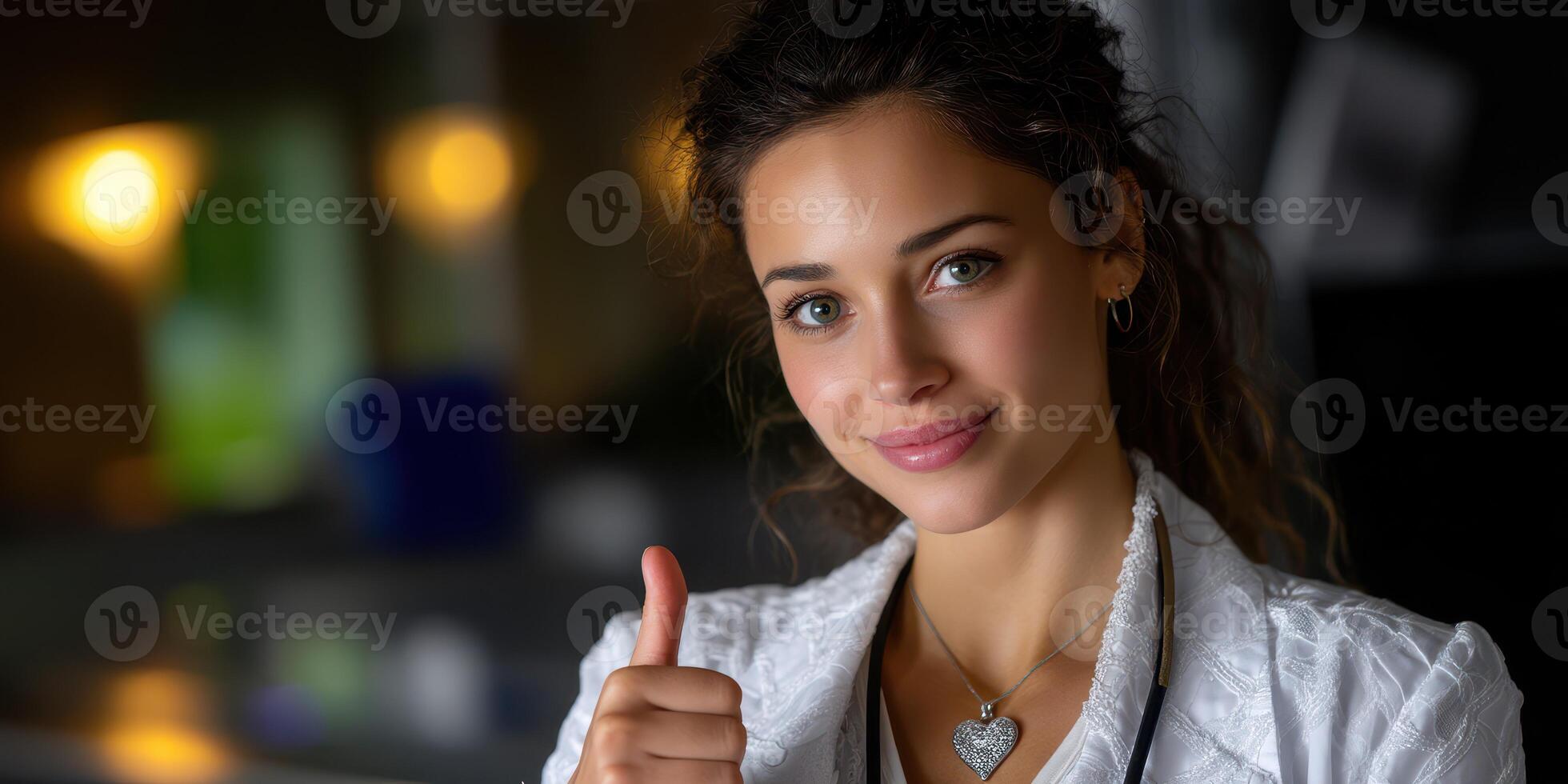 Young woman gives a thumbs-up gesture in a cozy indoor setting during evening hours photo