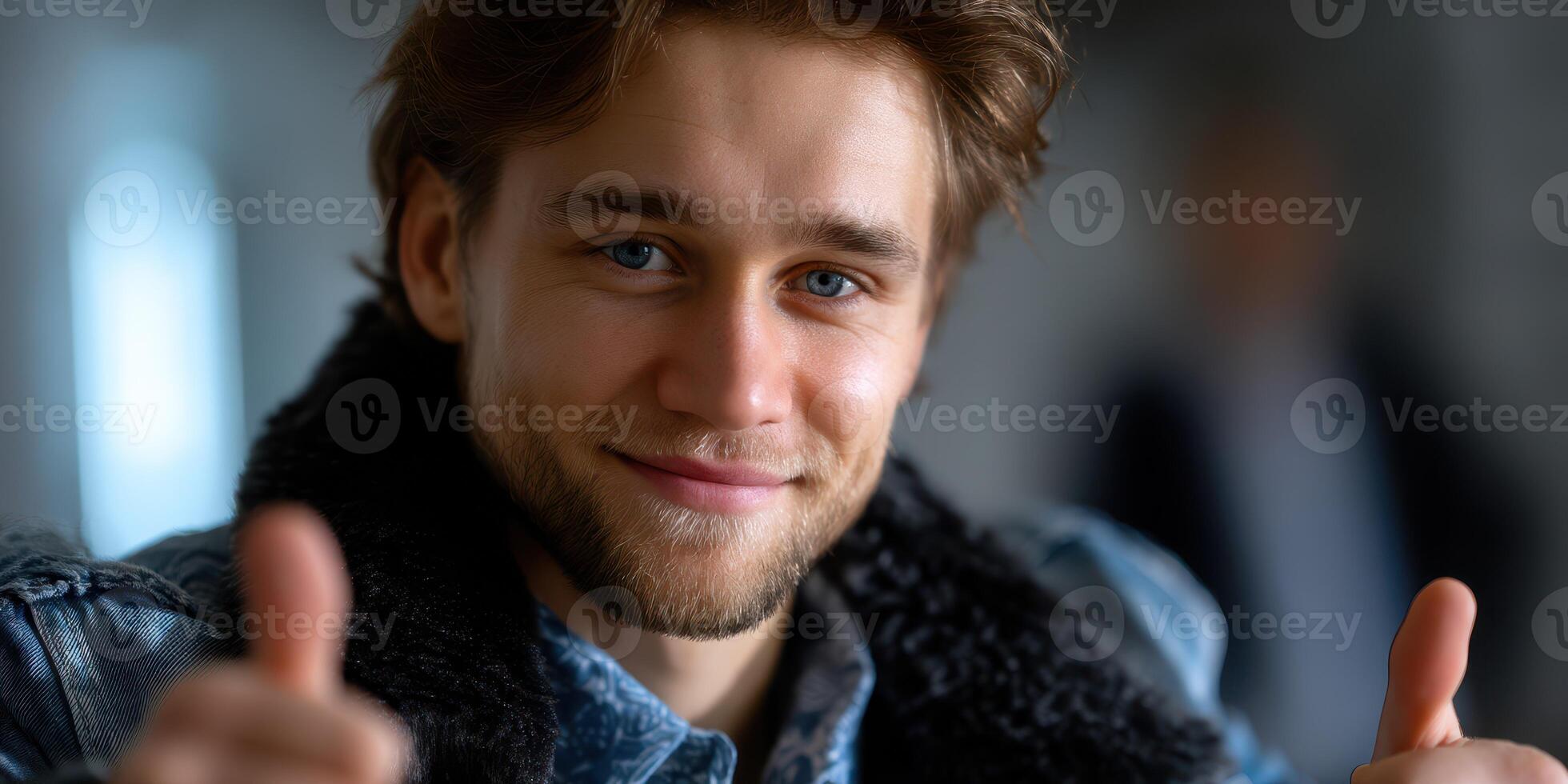 Young man smiling and giving thumbs up in a casual setting filled with soft lighting photo