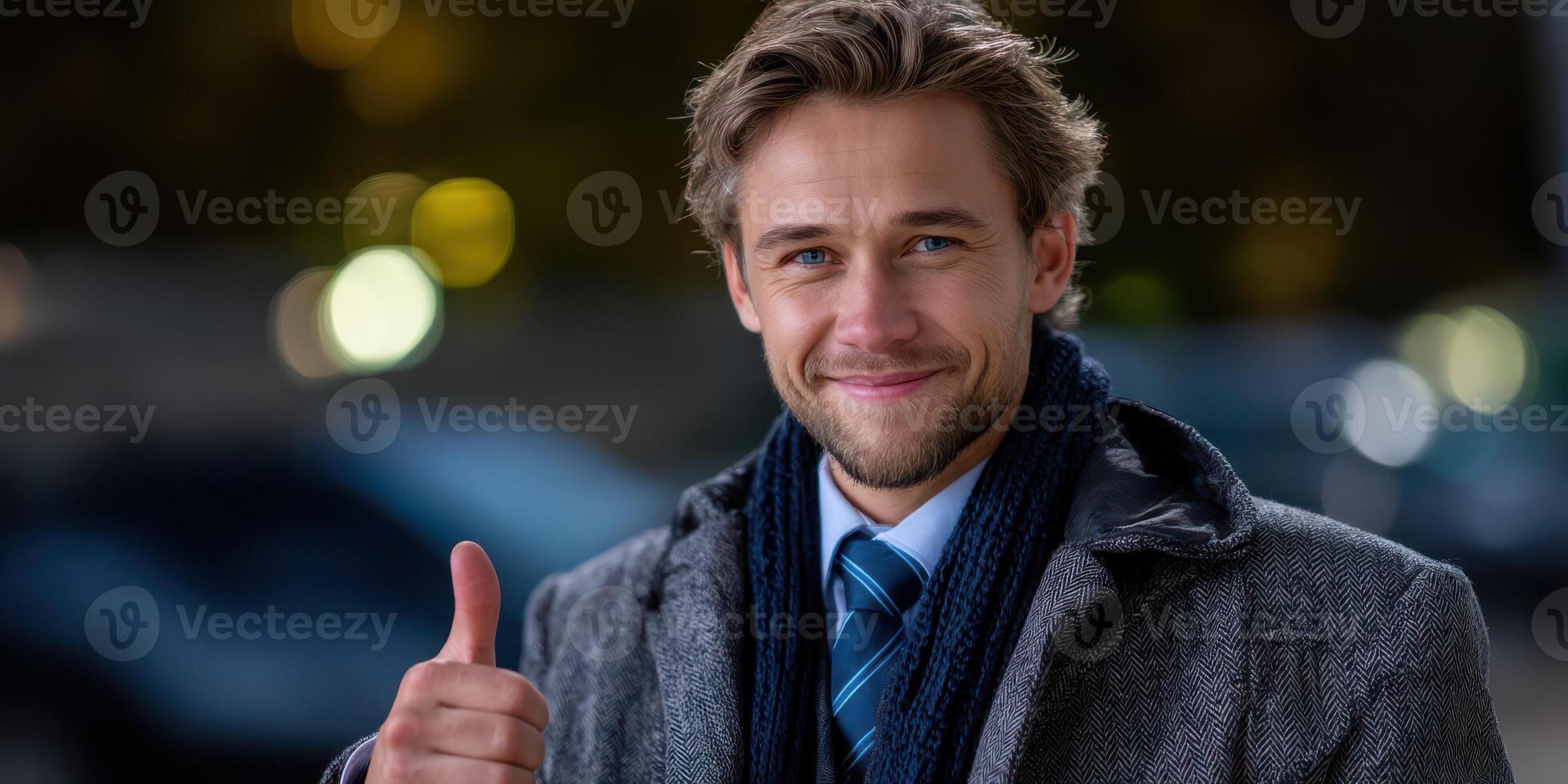 Smiling man in a coat gives a thumbs up outdoors in a city at night photo