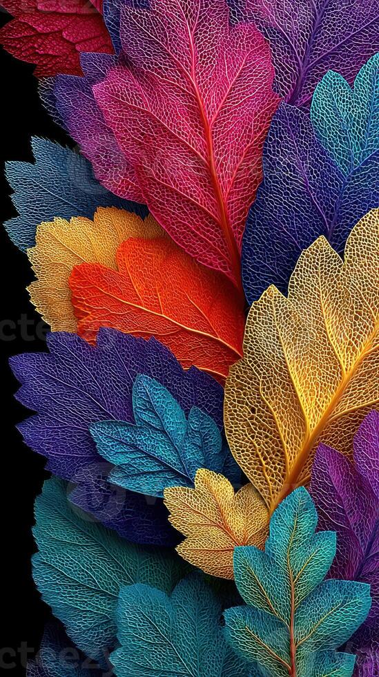 Vibrant arrangement of colorful leaves showcasing intricate textures and patterns on a dark background photo
