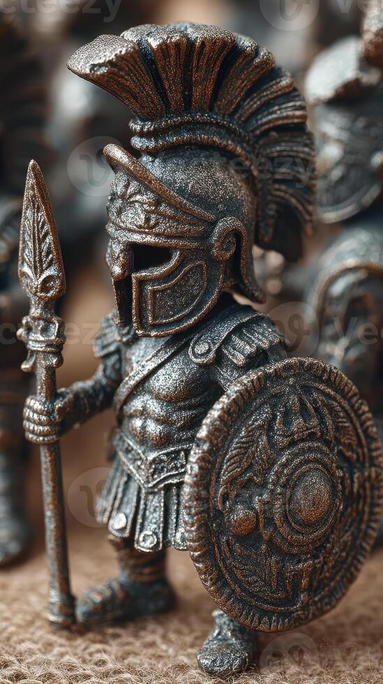 Detailed bronze miniature of a Spartan warrior standing with shield and spear during historical reenactment preparations photo