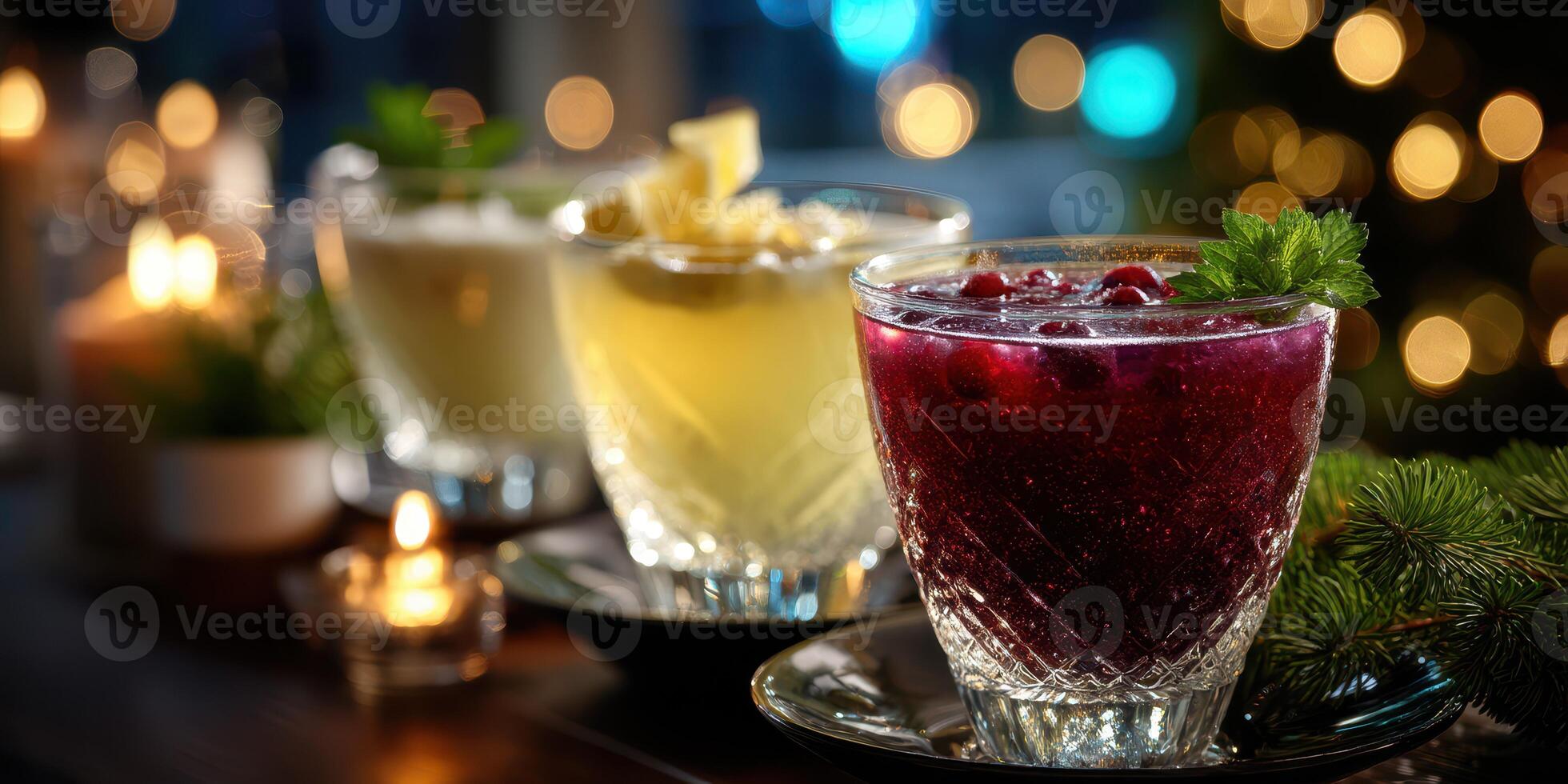 Festive cocktail drinks displayed on a table with a cozy ambiance during a holiday gathering photo