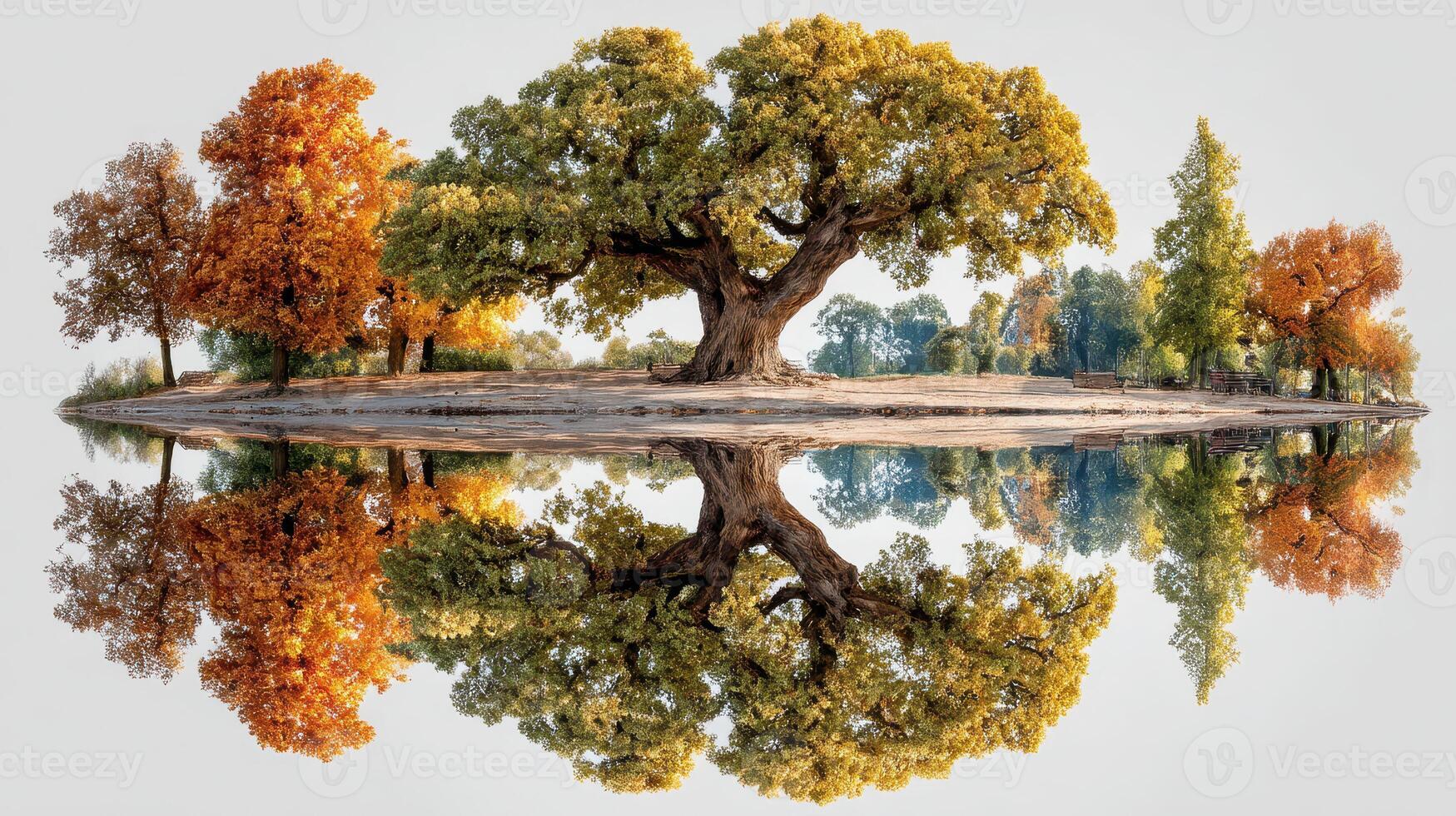 Vibrant autumn trees reflecting on calm water in a serene landscape during early morning light photo