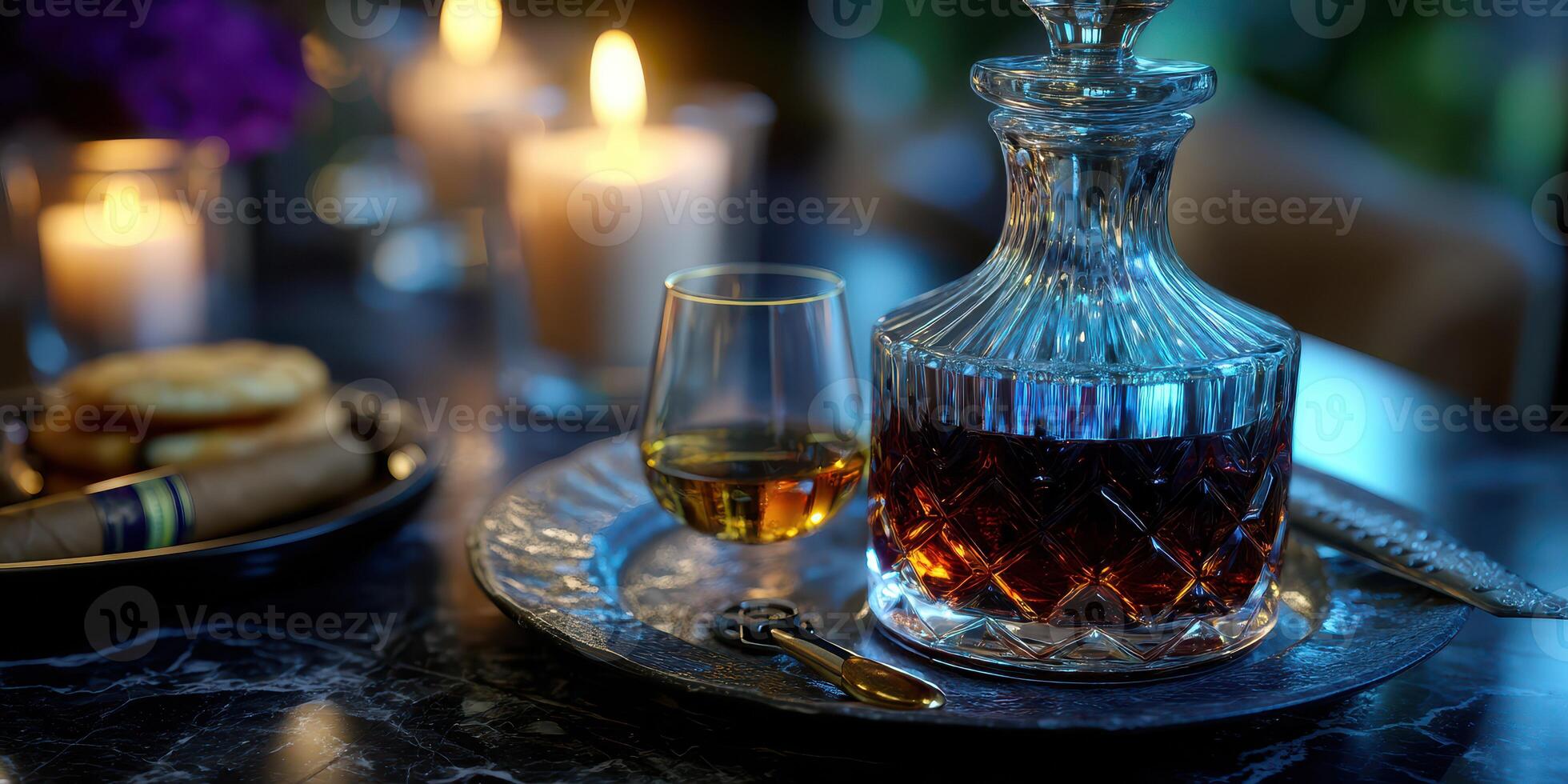 Elegant whiskey decanter and glass set on a dark marble table decorated with candles and snacks for an evening gathering photo