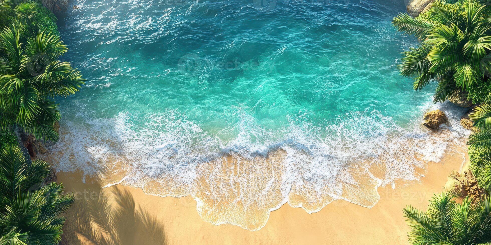 Clear turquoise waves crash on a sandy beach surrounded by lush green palms in a tropical paradise at noon photo