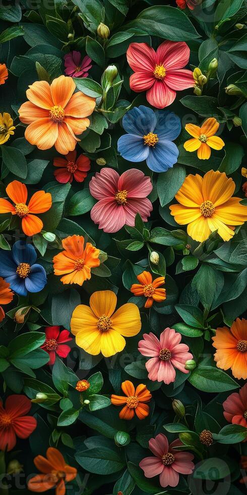 Colorful flower arrangement showcasing various blooms in a lush garden during springtime photo