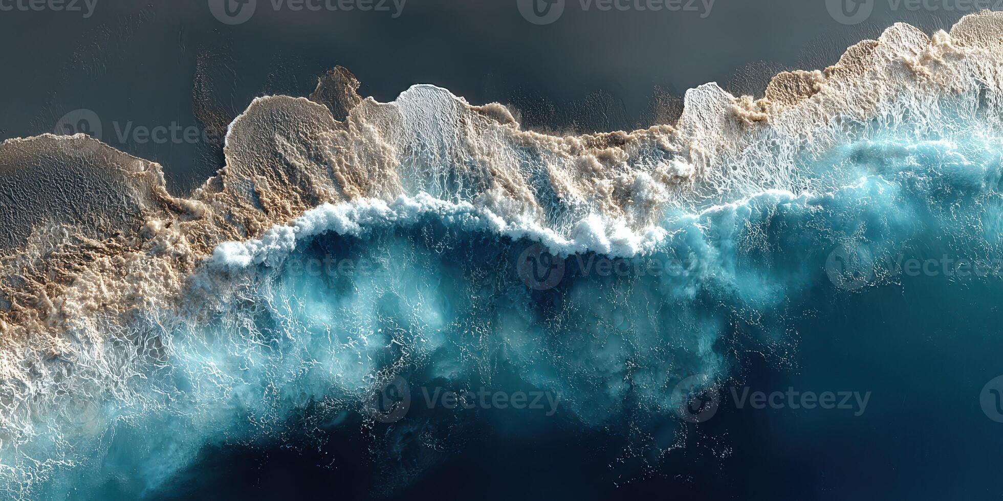 Waves crashing on a sandy shore create a dramatic contrast between blue ocean and sandy beach at sunrise photo