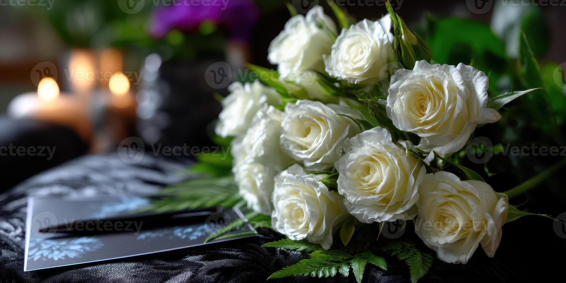 White roses arranged elegantly with a black card and soft candlelight creating a tranquil atmosphere for reflection photo