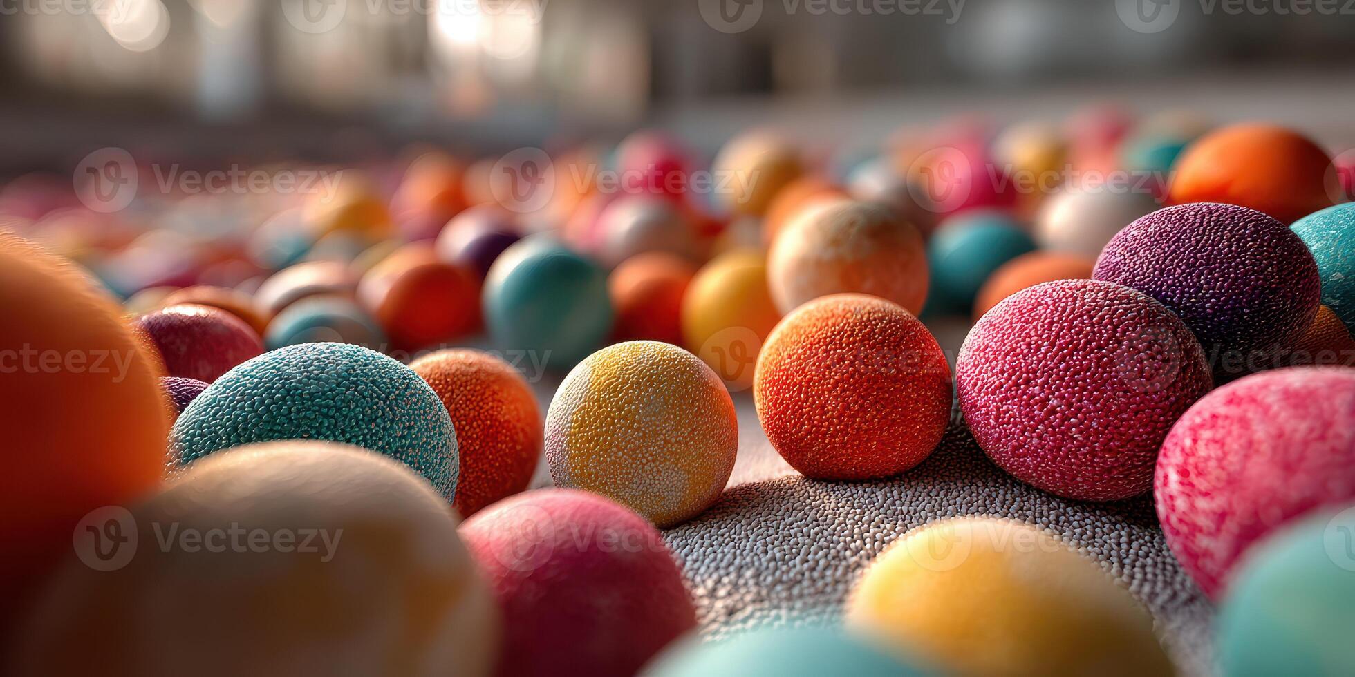 Colorful textured balls scattered across a surface during a vibrant art workshop in a spacious studio photo