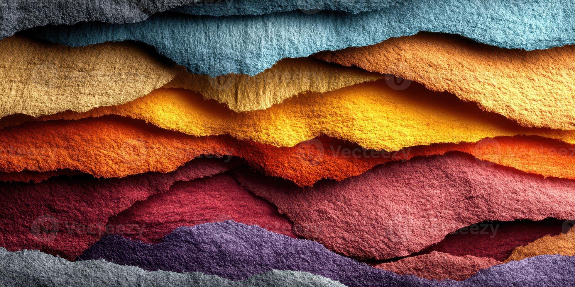 Colorful layers of torn paper create dynamic waves in abstract art photo