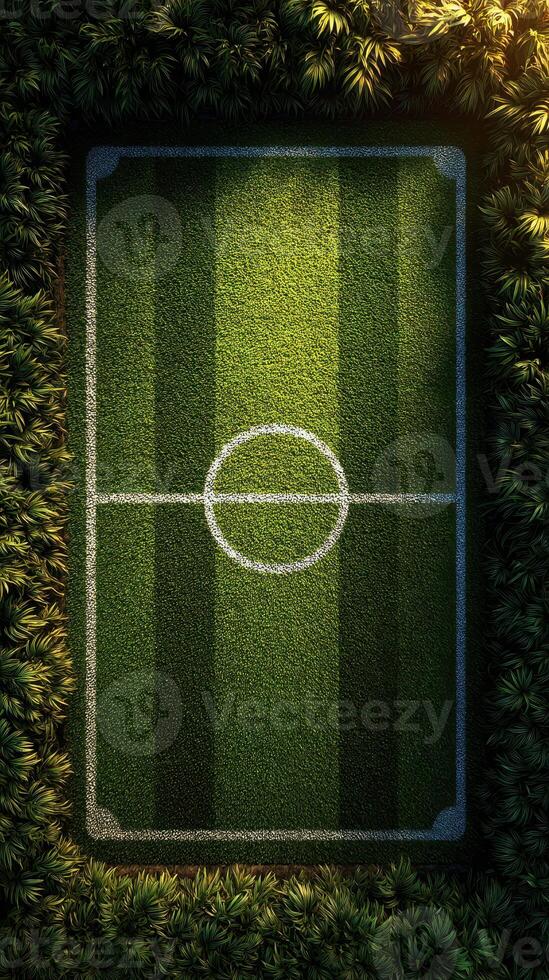 Overhead view of a neatly maintained soccer field surrounded by lush greenery during late afternoon light photo