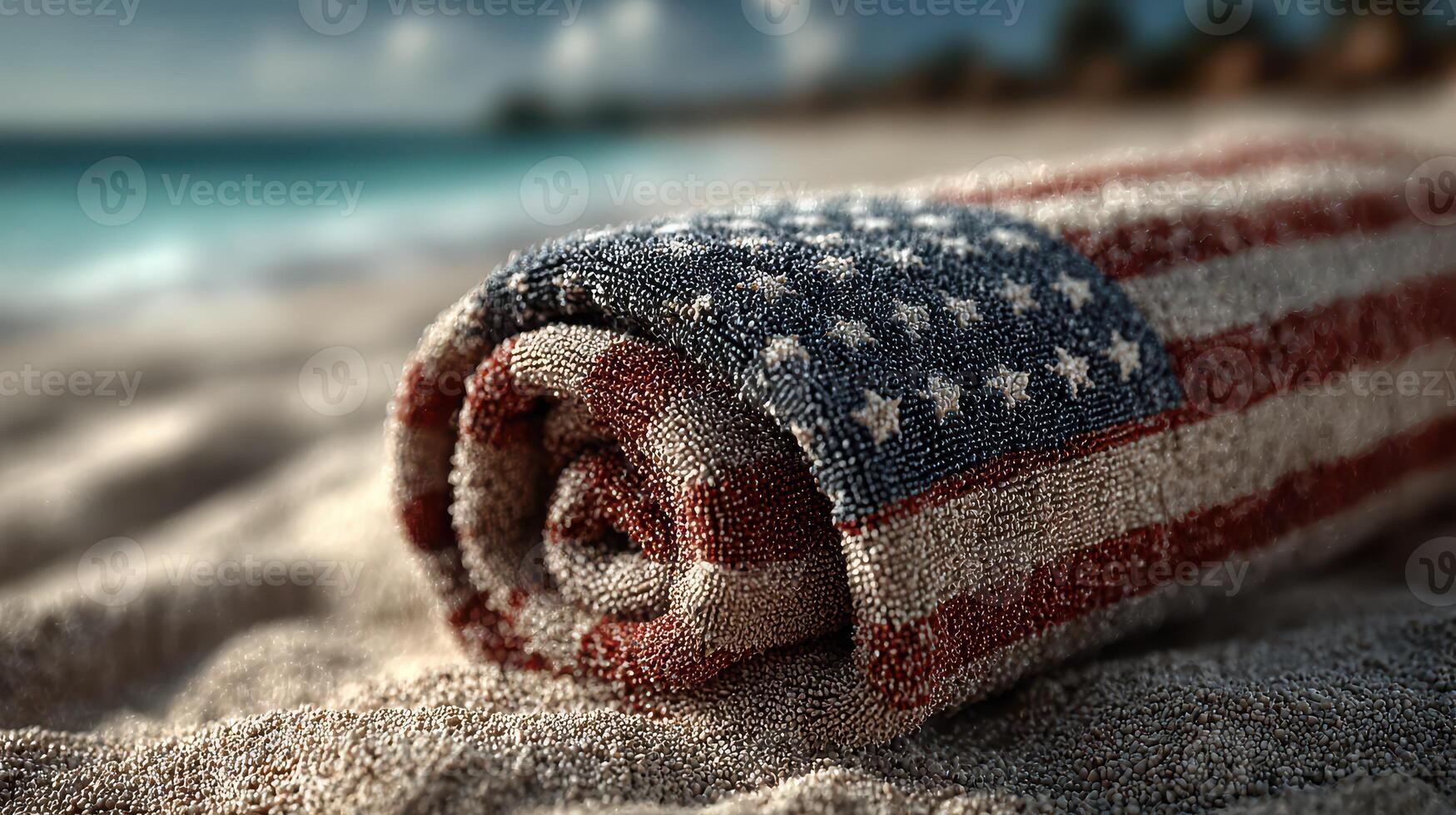 Towel with an American flag design resting on the sand at a beach during a sunny day photo