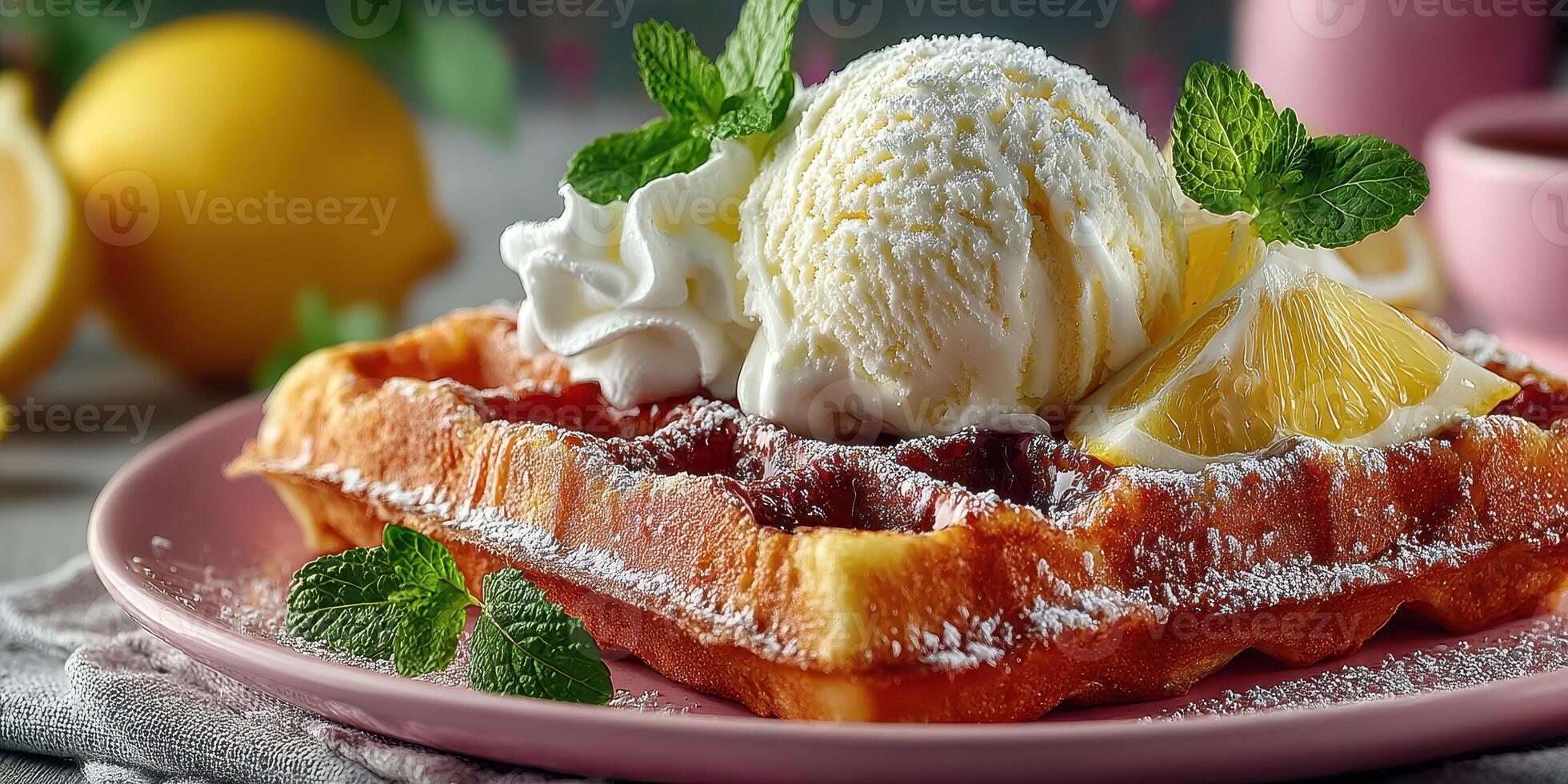Delicious waffle topped with creamy ice cream and fresh lemon slices served in a cozy cafe setting photo