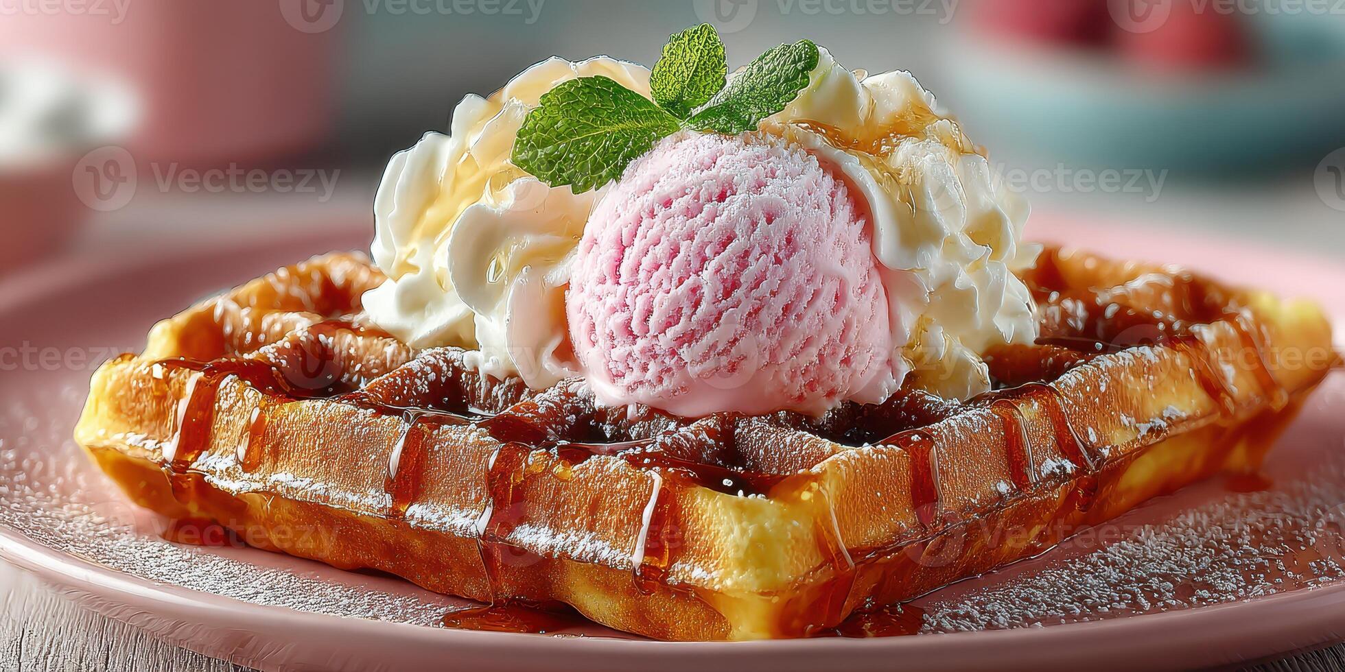 Delicious waffle topped with pink ice cream and whipped cream served on a plate photo