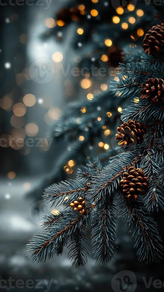 Pine branches adorned with pine cones and glowing lights during a snowy winter night in a forest photo