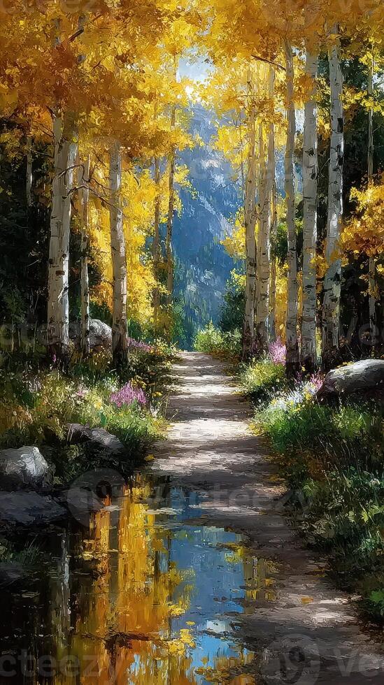 Vibrant autumn pathway lined with aspen trees reflecting in calm water photo