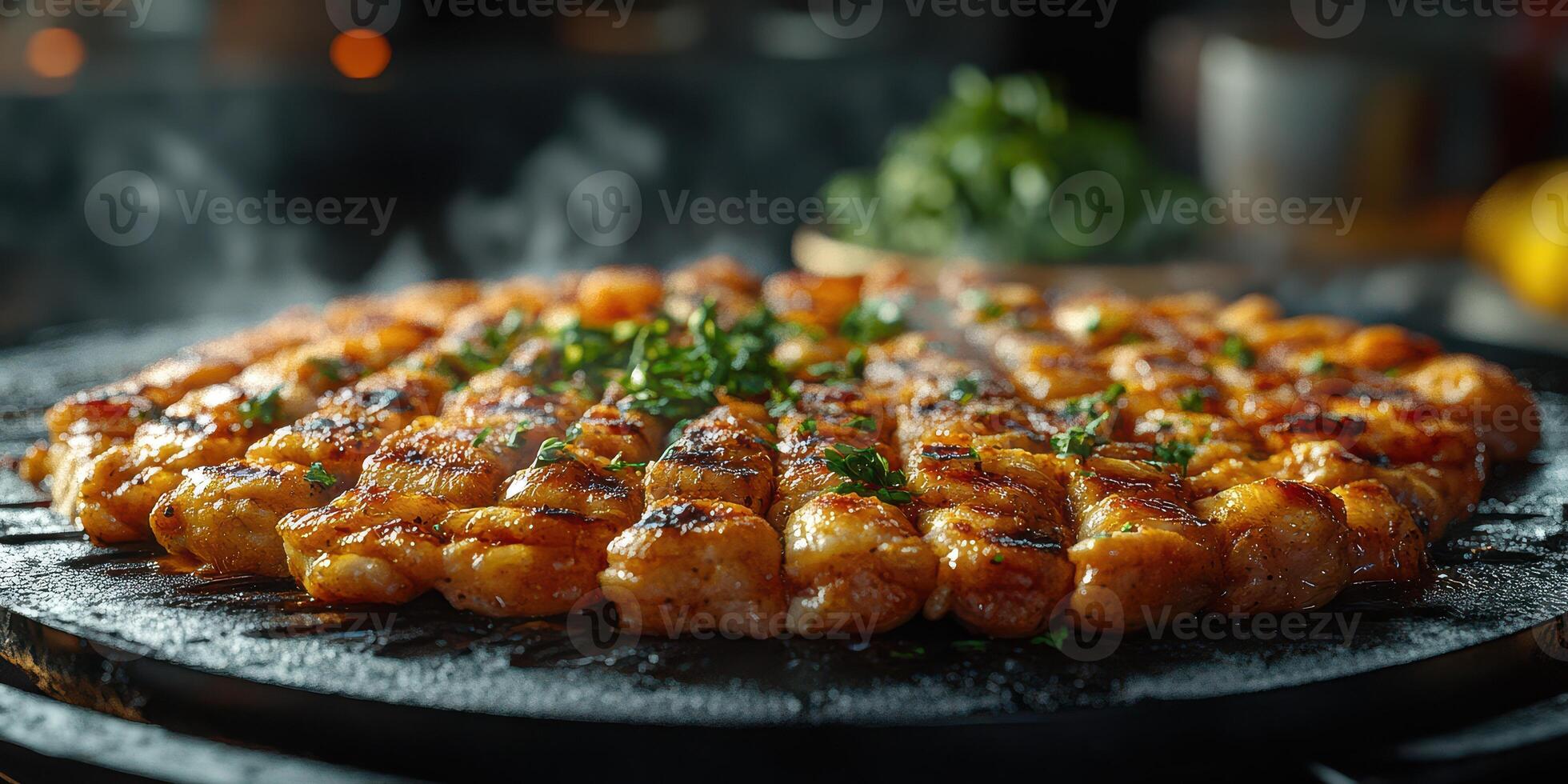 Grilled chicken skewers sizzling on a hot plate at an evening outdoor barbecue gathering photo