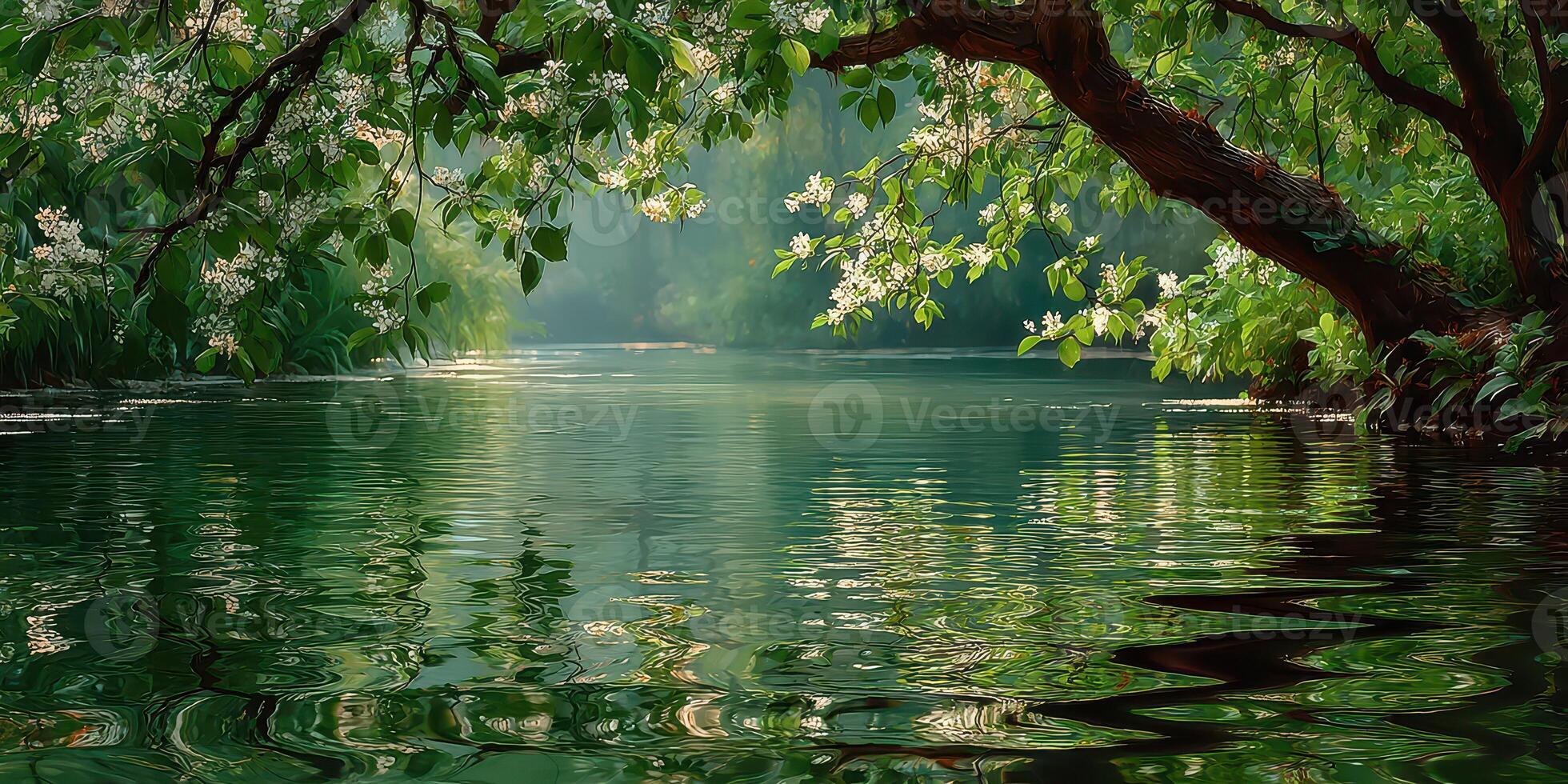 Tranquil riverside view with blooming branches and rippling water in a lush green setting during late spring photo