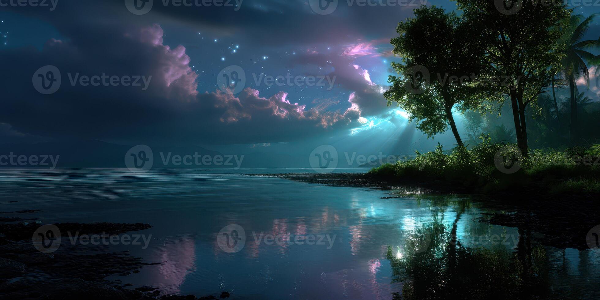 Tranquil night at the serene lakeside with reflections under a starry sky photo