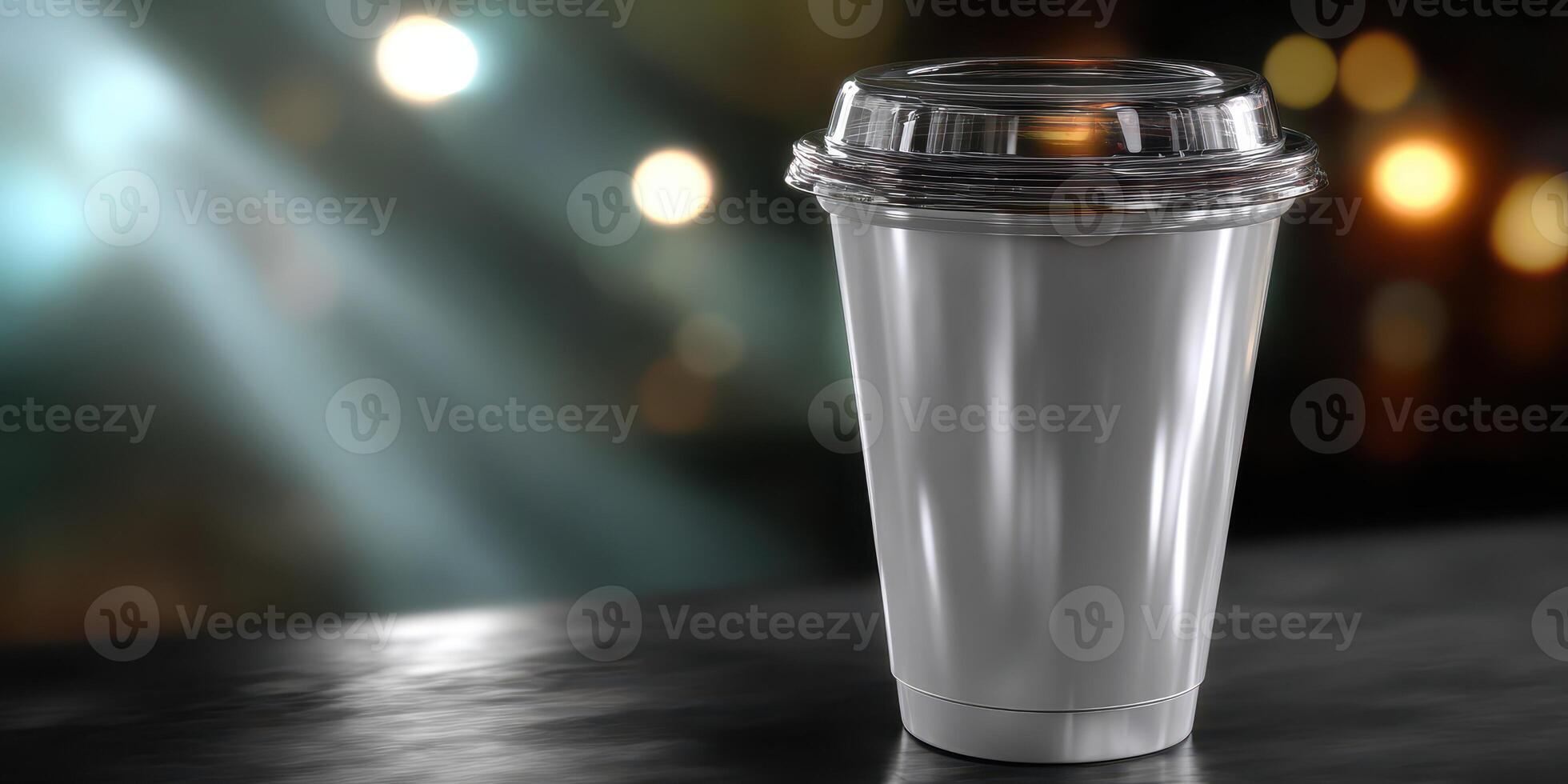 Stylish disposable cup stands on table with blurred urban lights in the background at night photo