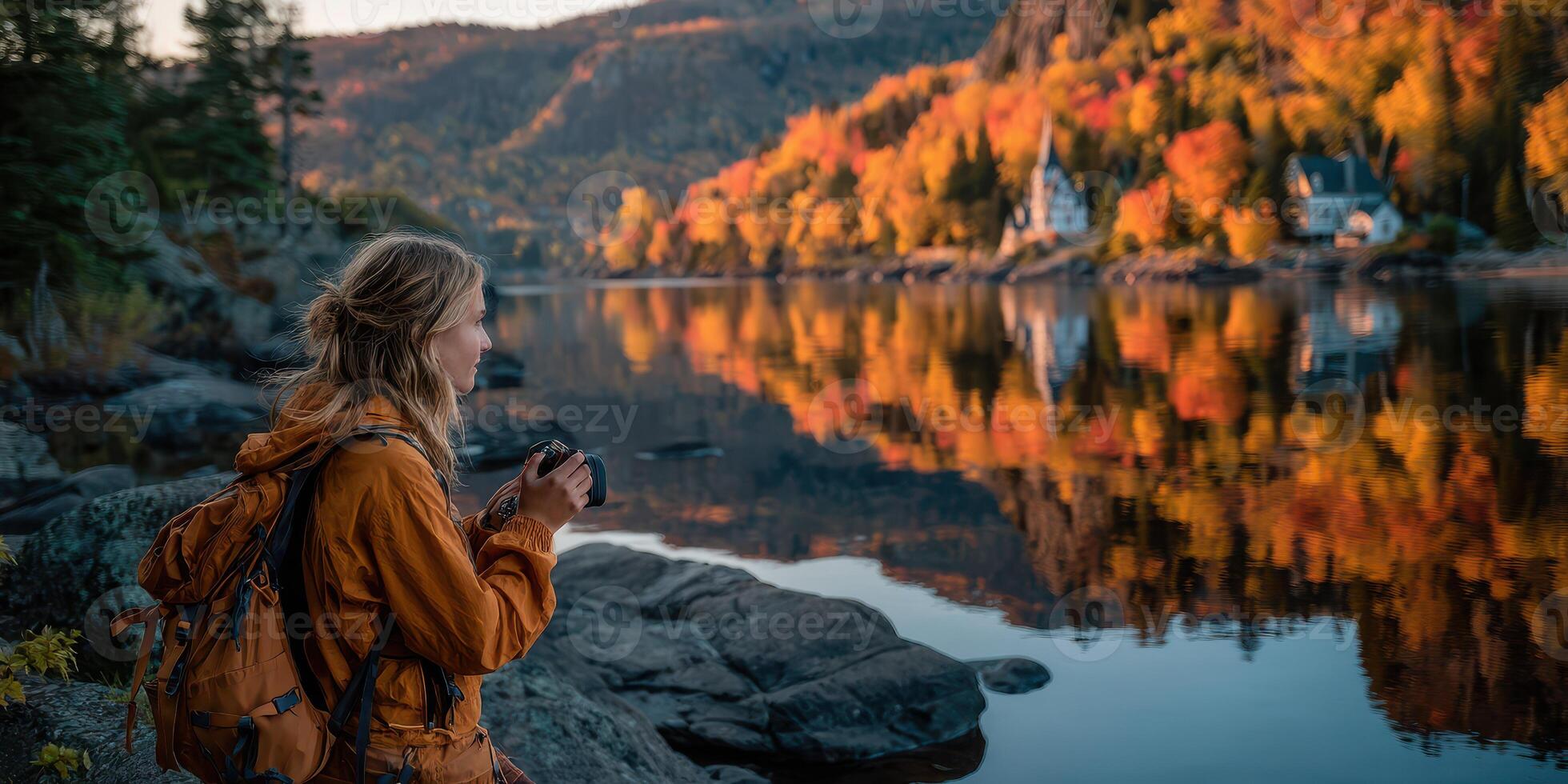 Woman capturing autumn scenery at a serene lake in the forest during golden hour photo