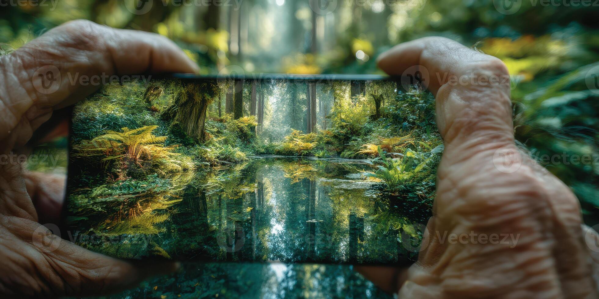 Capturing the serene reflection of a lush forest in a smartphone while showcasing nature's beauty during a sunny afternoon photo