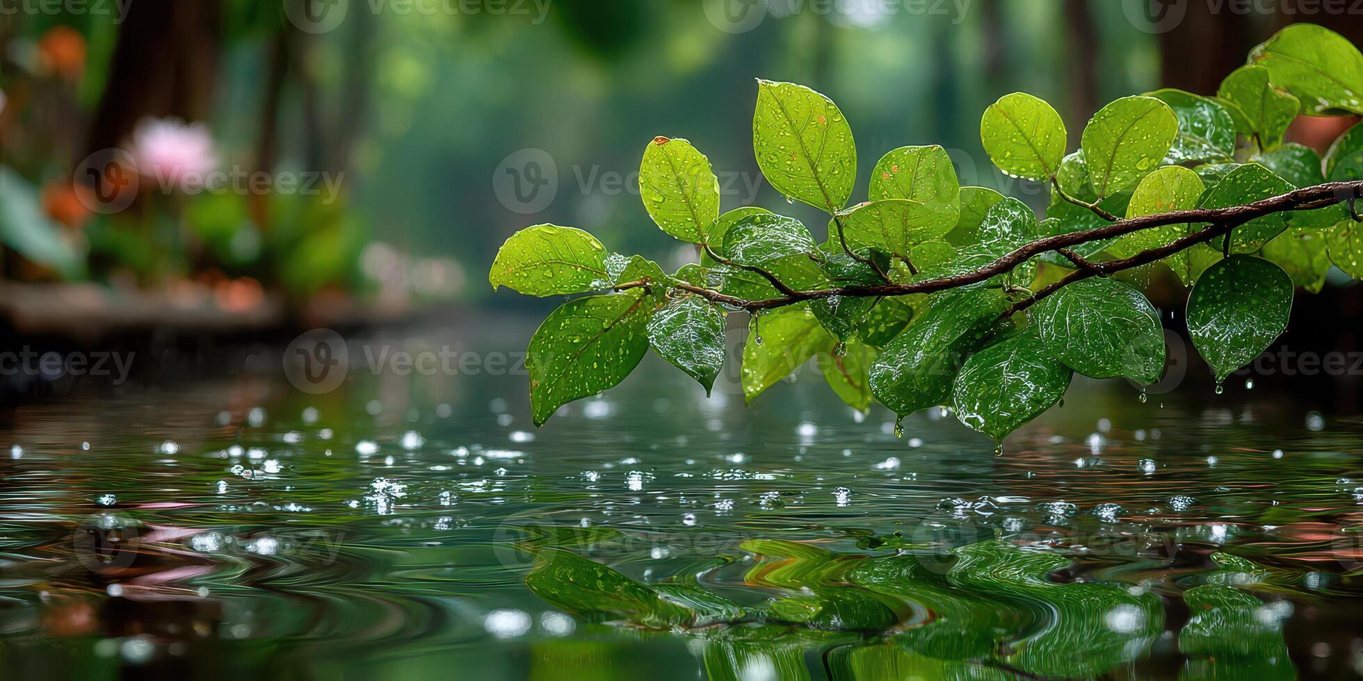 Raindrops create ripples on calm water as greenery thrives in a serene garden setting photo