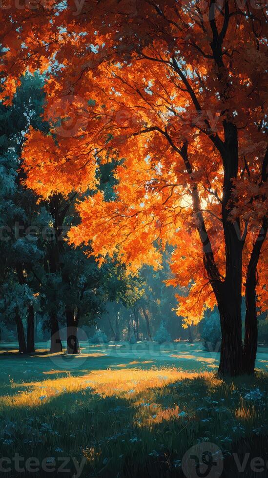 Vibrant autumn colors illuminate a serene park in the late afternoon light photo