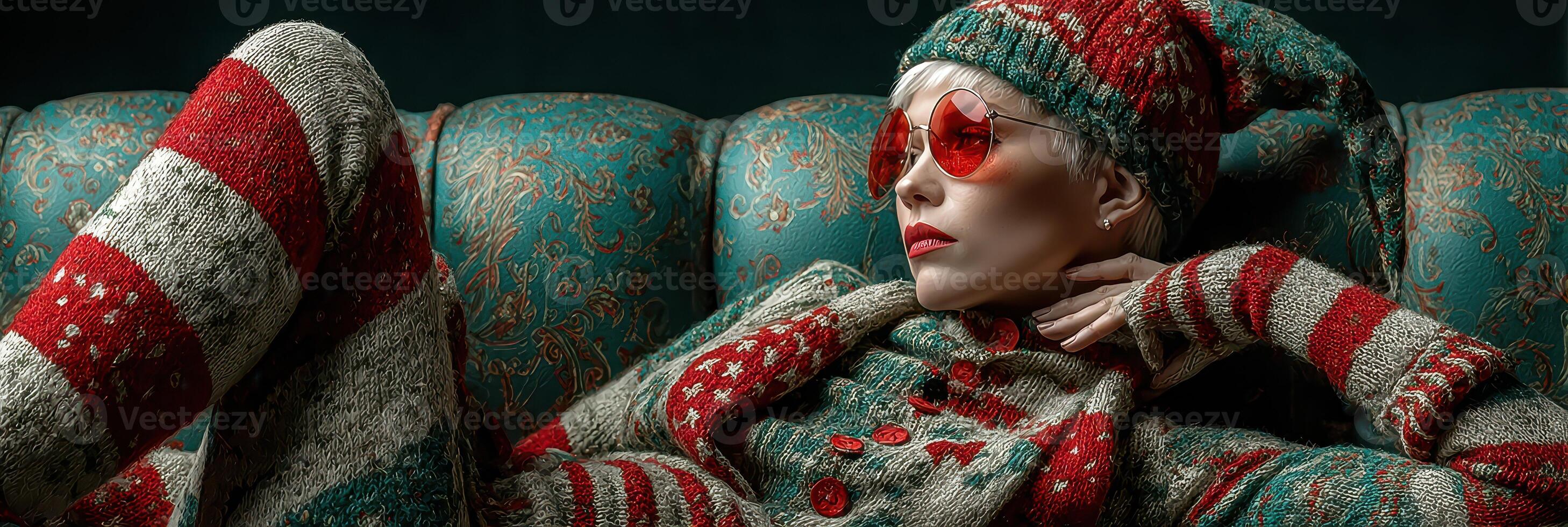 Stylish model in festive knitted outfit relaxing on vintage couch during winter evening photo