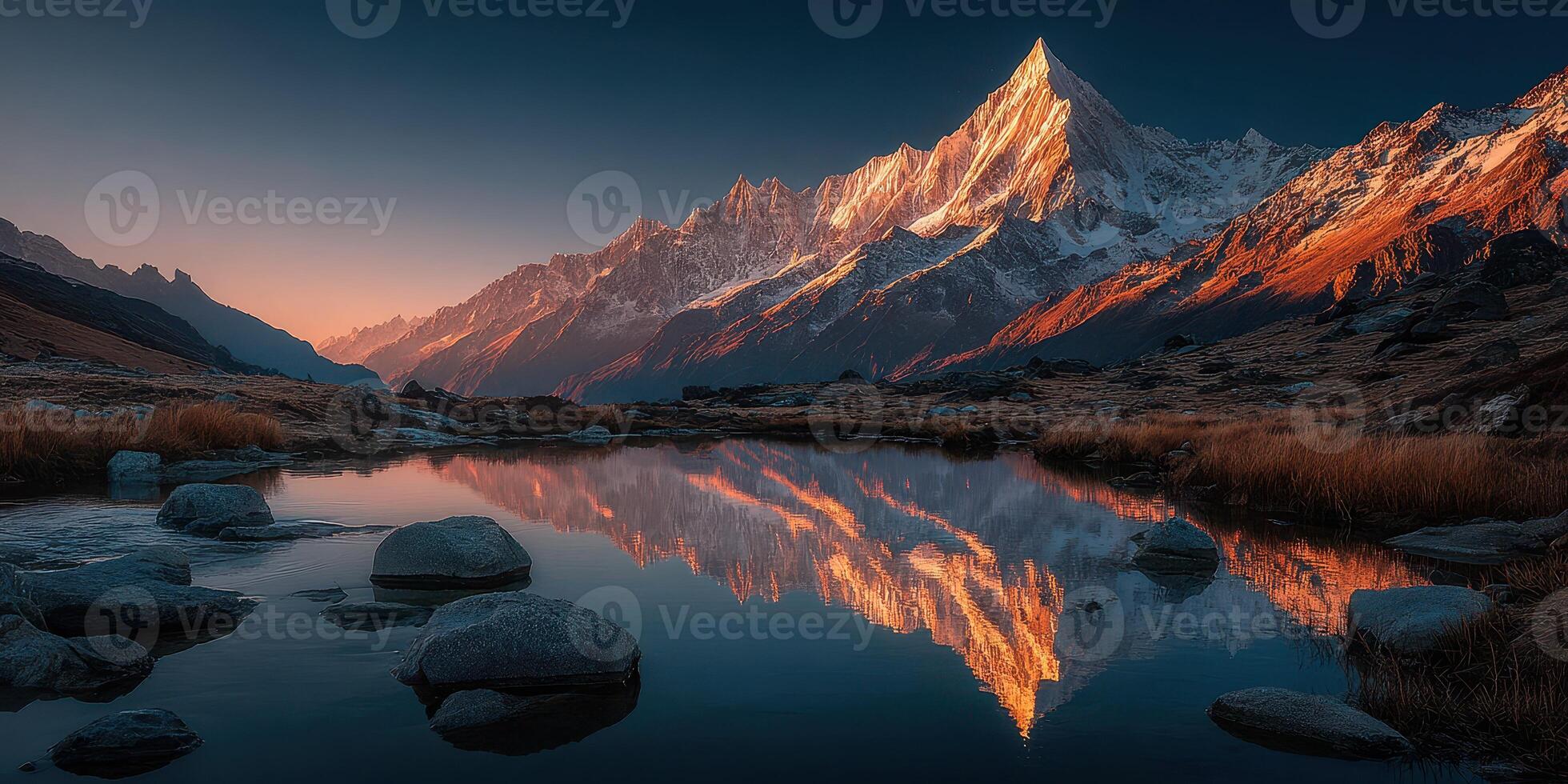 Stunning mountain reflection in tranquil lake at sunrise with vibrant colors and serene atmosphere photo