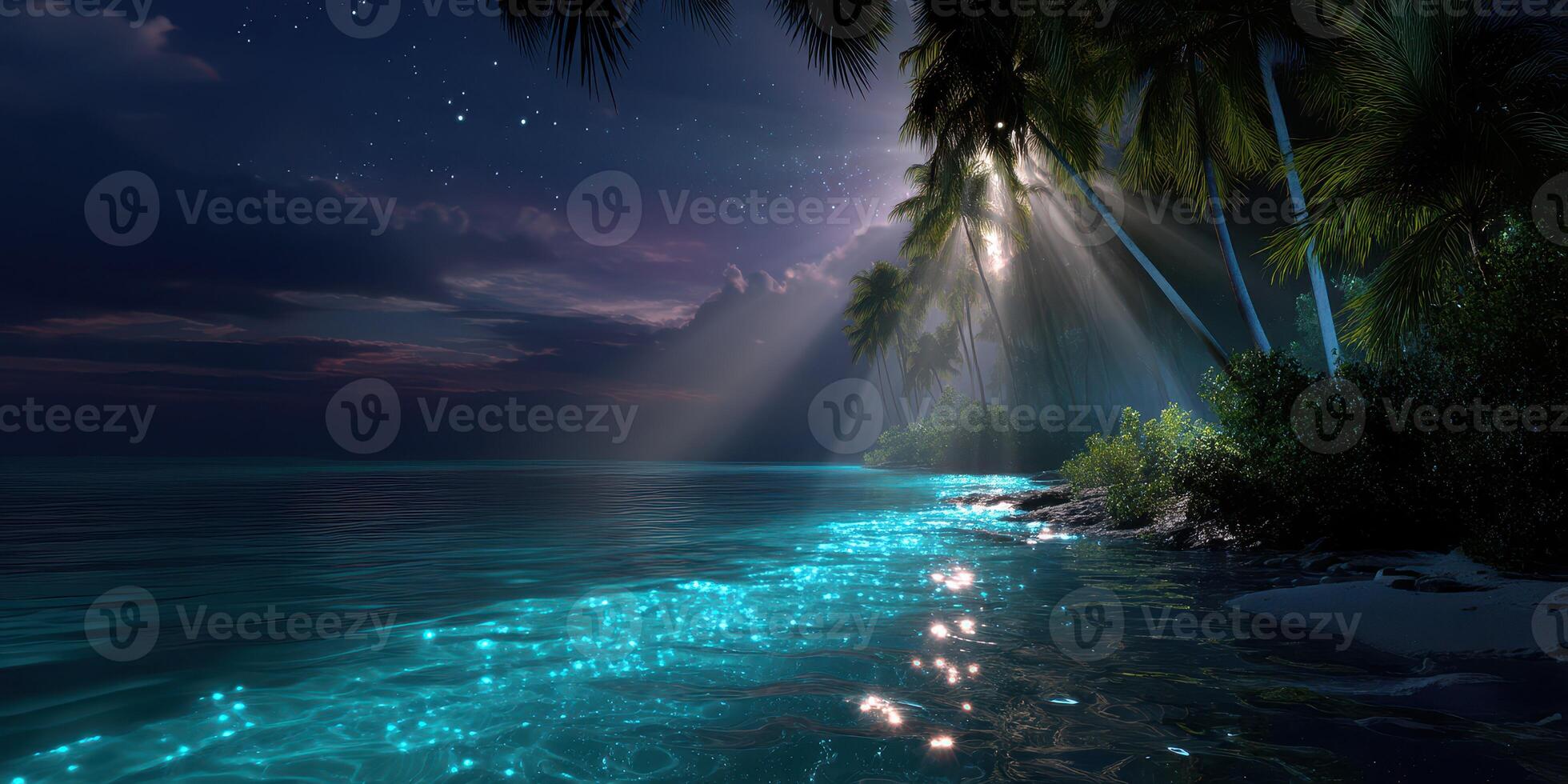 Peaceful beach at night with glowing waters and palm trees under a starry sky photo