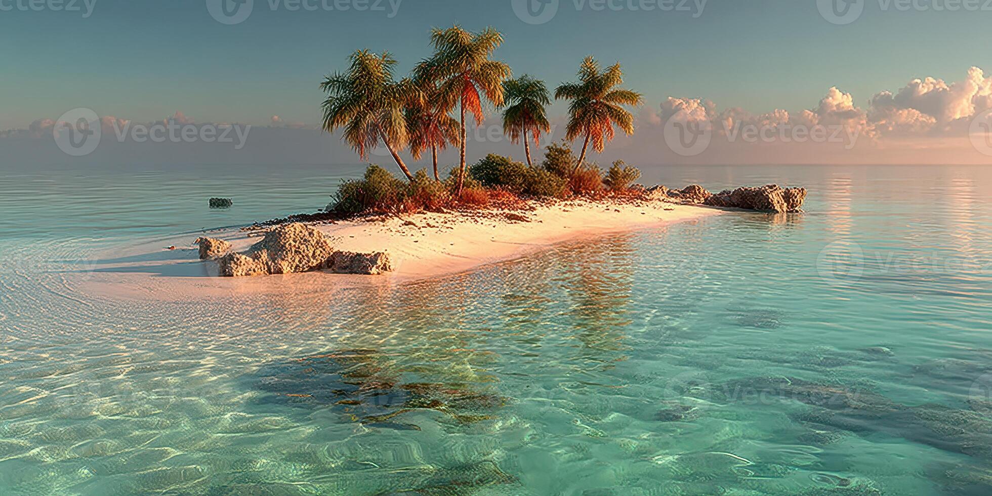 Serene tropical island with palm trees and crystal clear waters during sunrise surrounded by calm ocean waves photo