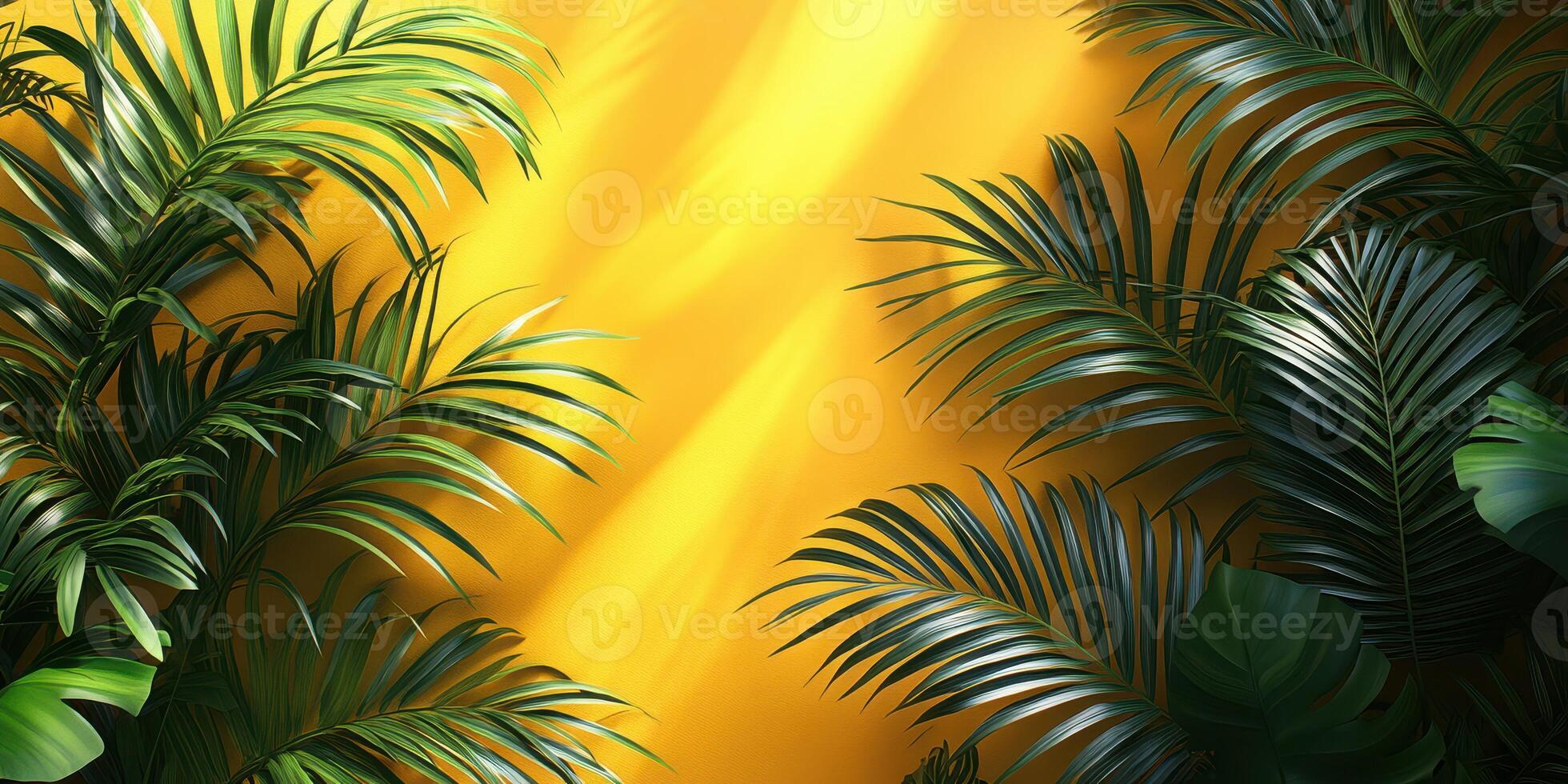 Vibrant display of green leaves against a bright yellow background creating a tropical atmosphere for interior design photo