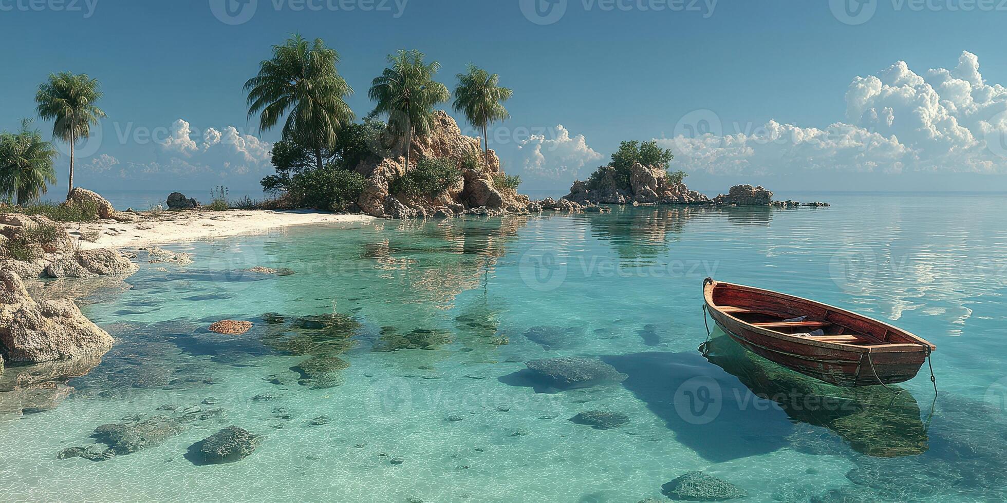 Serene tropical island with clear turquoise waters and a wooden boat anchored near the shore photo