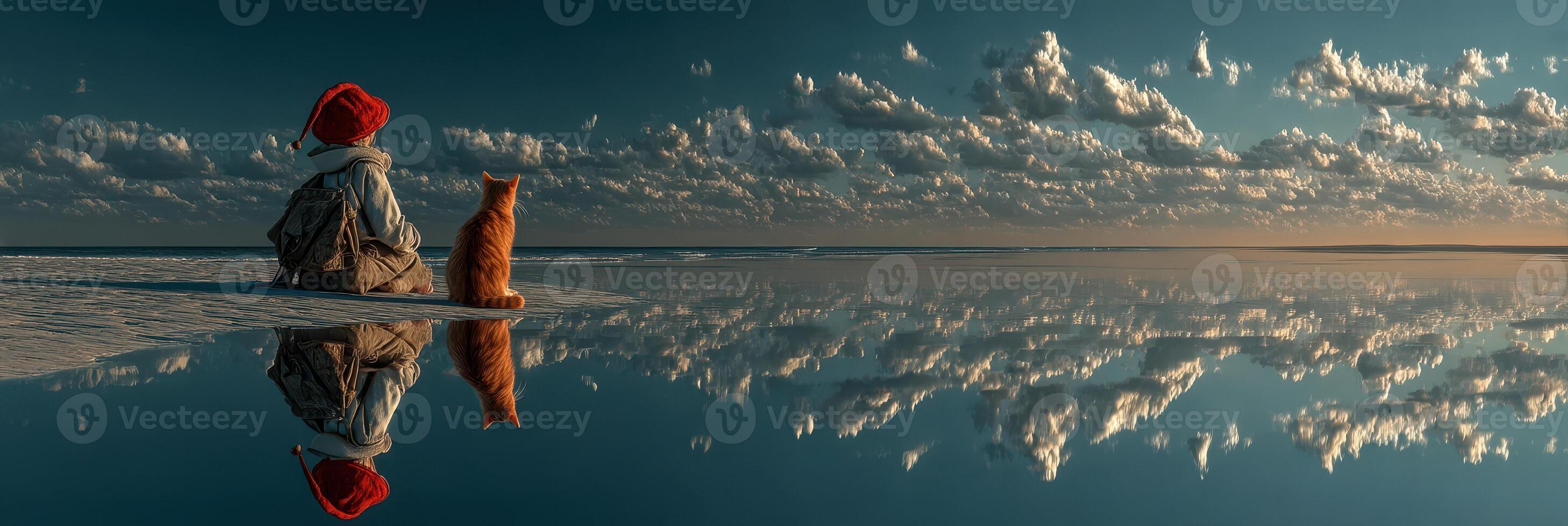 Person and cat view serene sunset reflection at calm beach on tranquil evening with scenic clouds creating dreamy atmosphere photo
