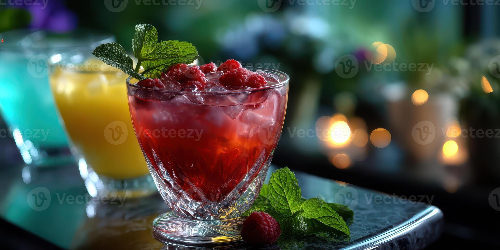 Refreshing drinks with fresh ingredients served in elegant glasses at a stylish bar during evening hours photo