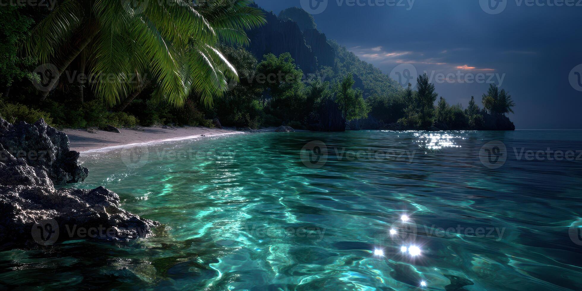 Serene coastal landscape at twilight with calm turquoise waters and palm trees photo