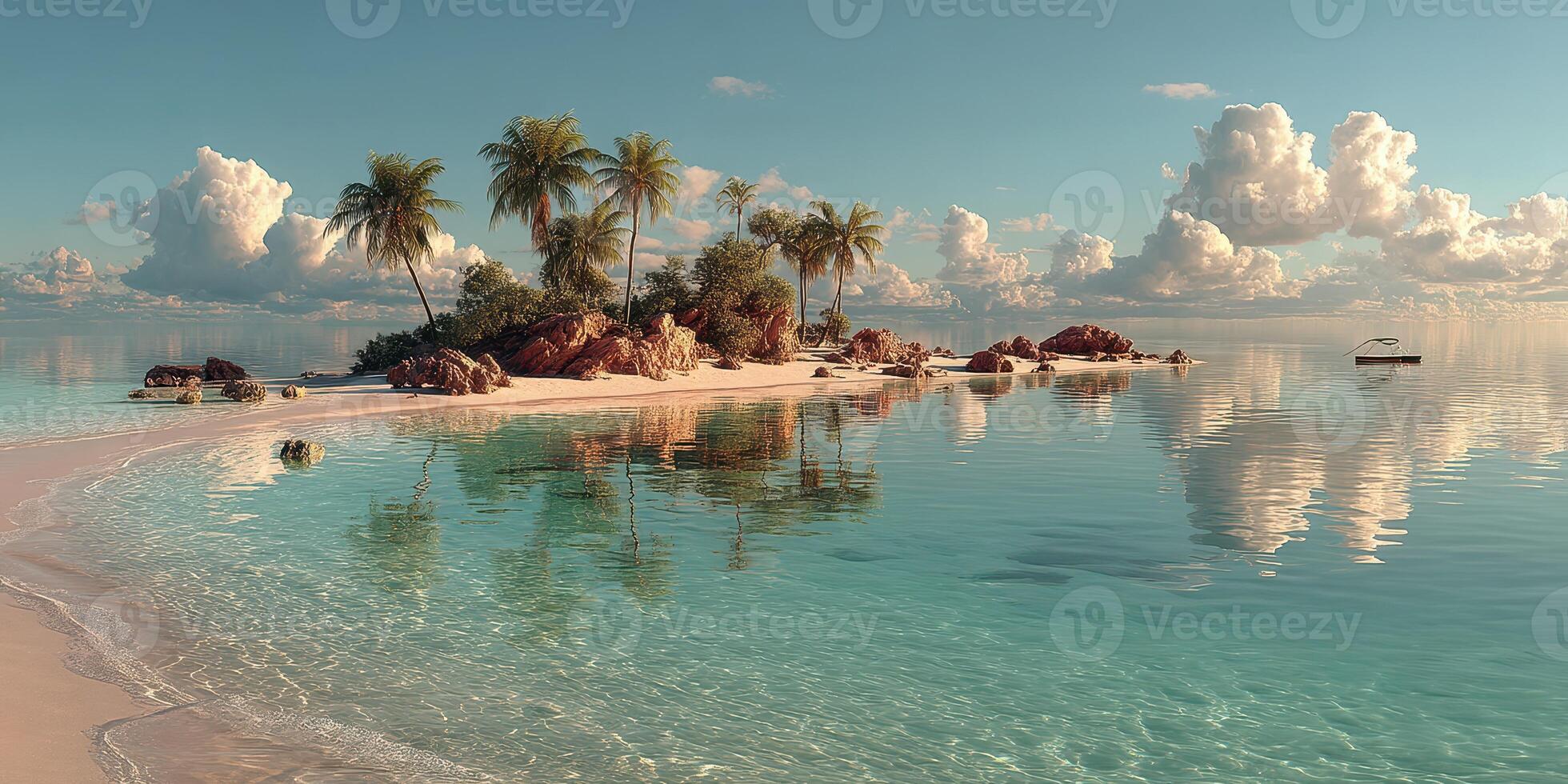 Serene tropical island with clear waters and lush palm trees under a beautiful sky photo