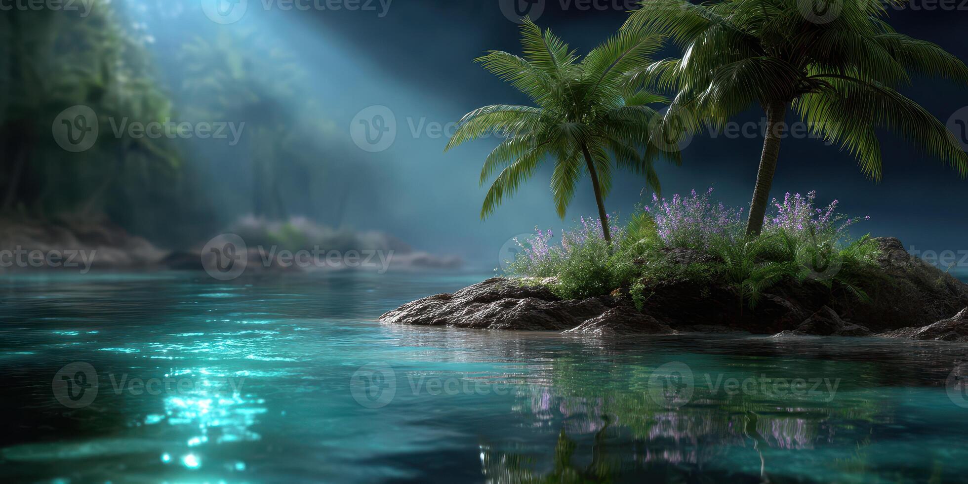 Tropical island with palm trees reflecting in calm waters under moonlight at night photo