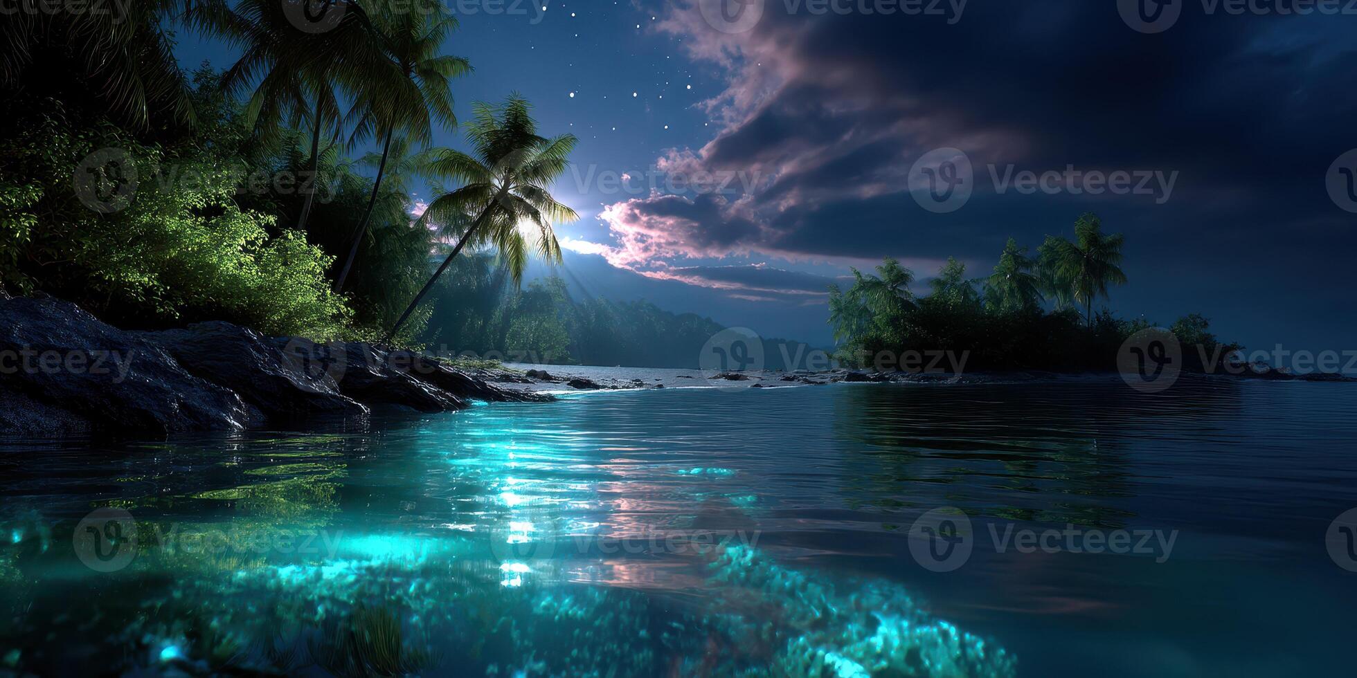 Nighttime coastal scene with glowing water and palm trees under a starry sky photo