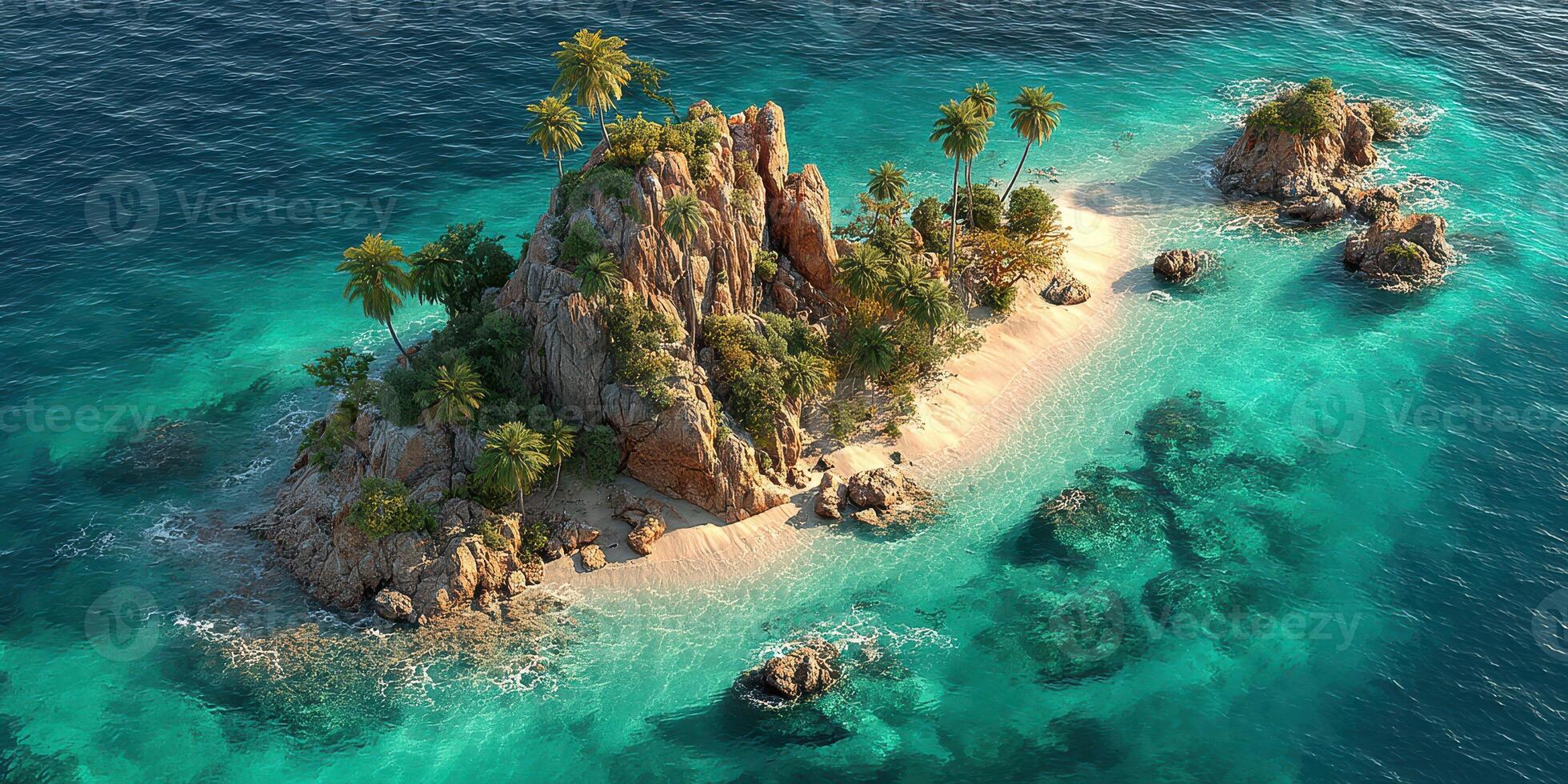 Tropical island with rocky formations and palm trees surrounded by turquoise waters under a clear blue sky photo