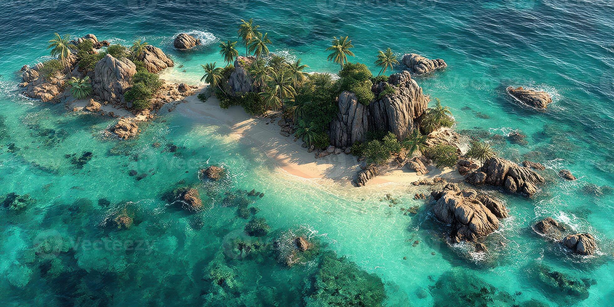 Isolated tropical island surrounded by turquoise waters and rocky formations under clear skies in a serene coastal environment photo