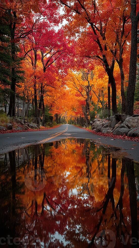 Vibrant autumn trees creating a stunning reflection on a quiet road in a rural area during fall season photo