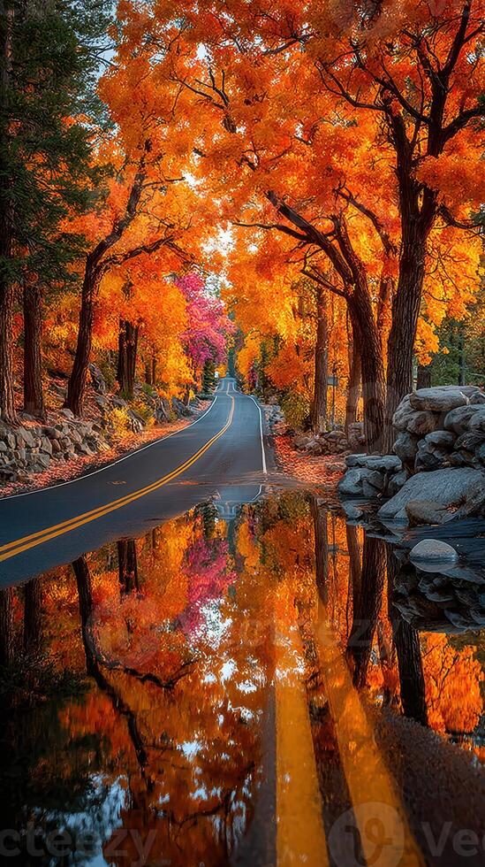 Vibrant autumn road lined with orange trees and reflections in a puddle at a serene location photo